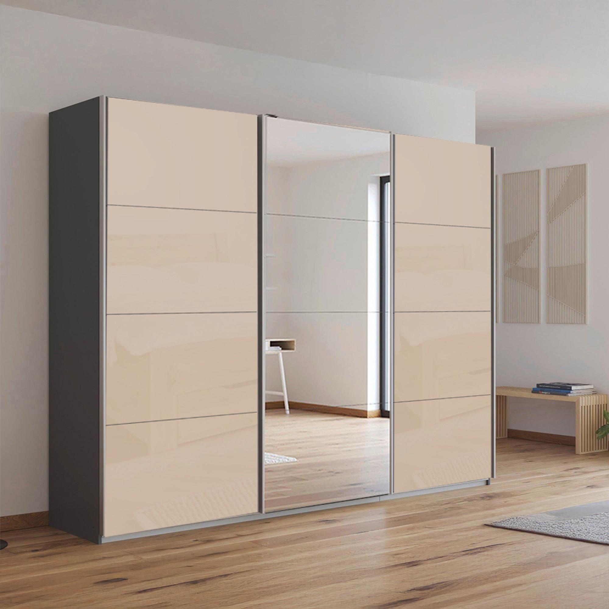 Rauch Kulmbach 271cm 3 Door Sliding Wardrobe with Mirror - Metallic Dark Grey and Champagne Glass