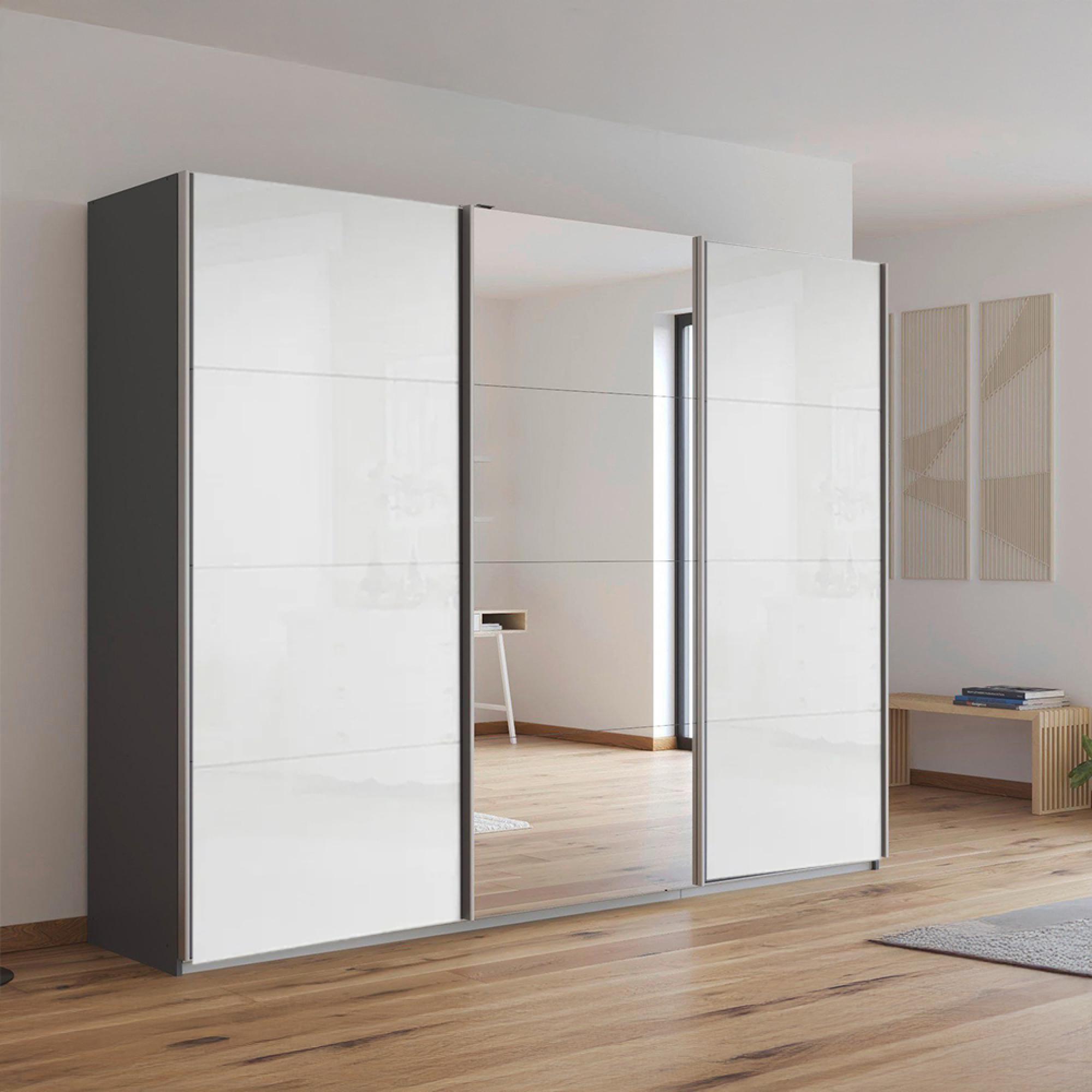 Rauch Kulmbach 271cm 3 Door Sliding Wardrobe with Mirror - Metallic Dark Grey and White High Gloss
