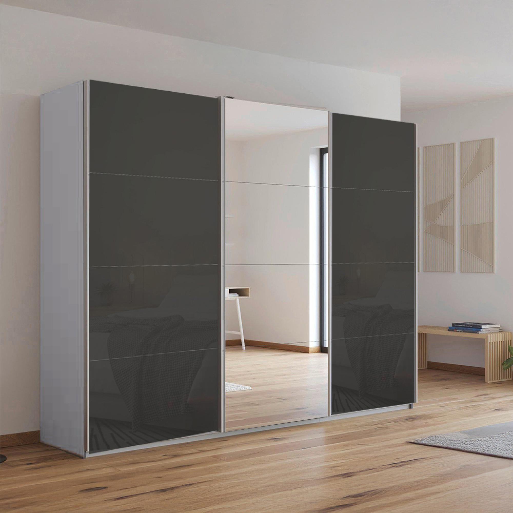 Rauch Kulmbach 271cm 3 Door Sliding Wardrobe with Mirror - Silk Grey and Basalt Glass