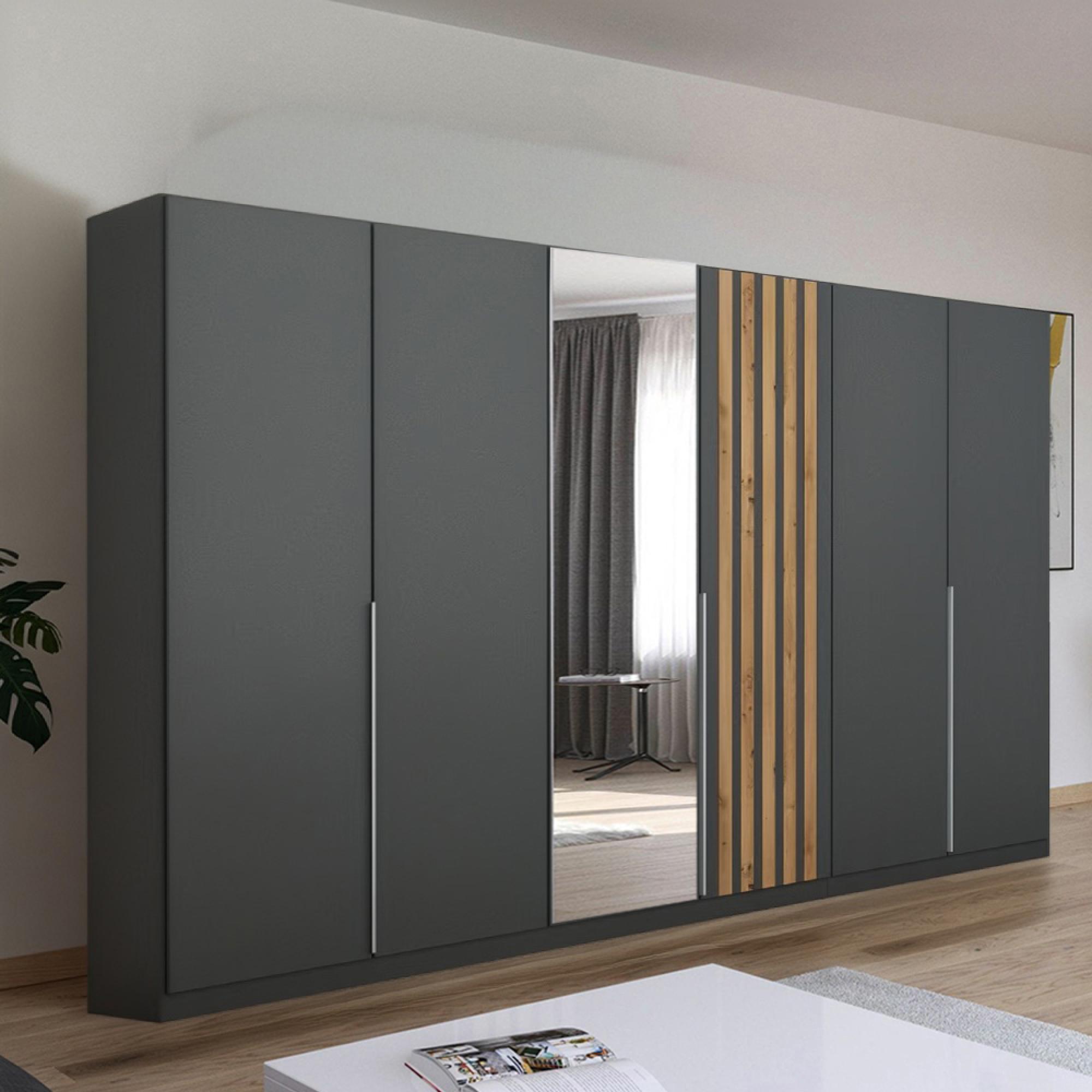 Rauch Lamella 271cm 6 Door Wardrobe with Mirror - Metallic Dark Grey and Artisan Oak
