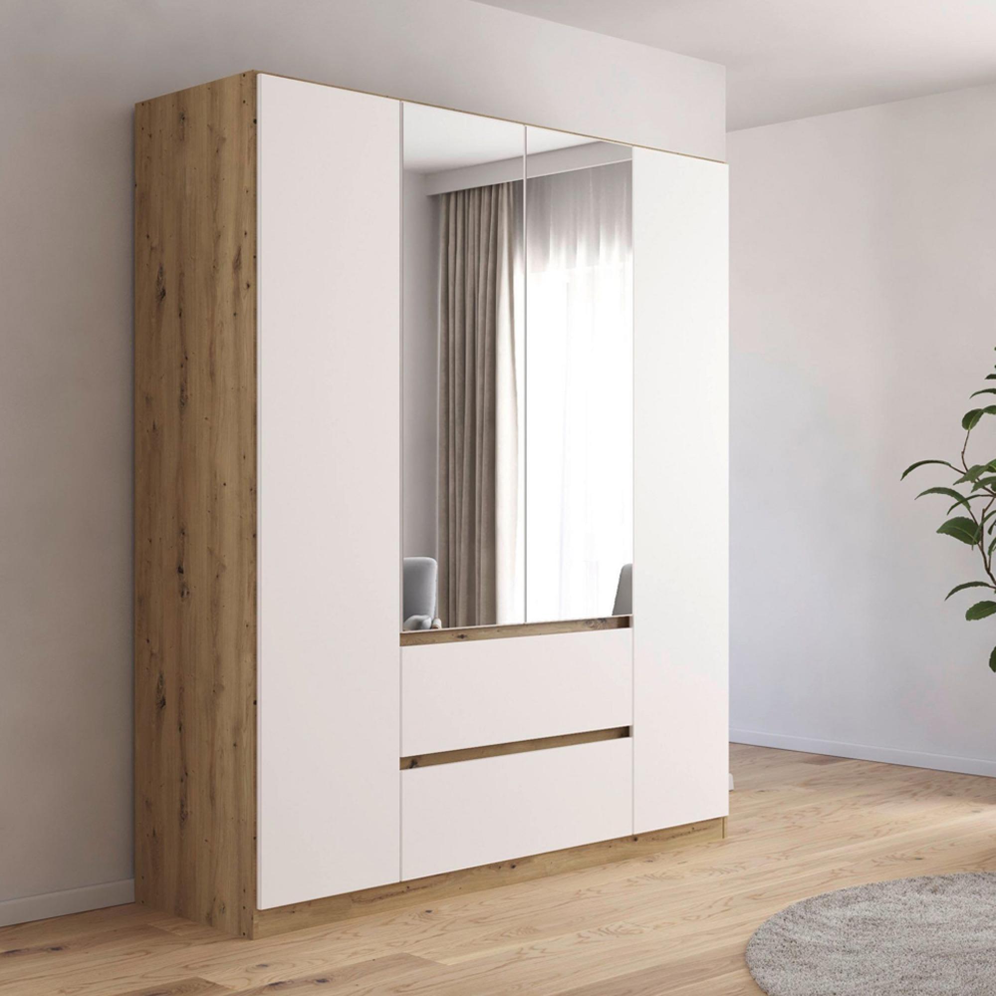 Rauch Mainz Plus 181cm 4 Door Combi Wardrobe - Sonoma Oak and White High Gloss