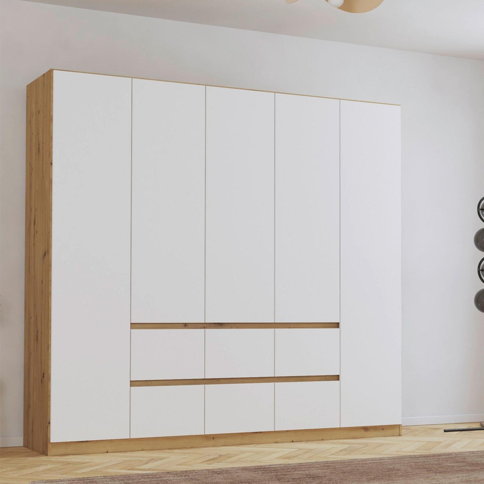 Rauch Mainz Plus 226cm 5 Door Wardrobe with Drawer - Sonoma Oak and White High Gloss