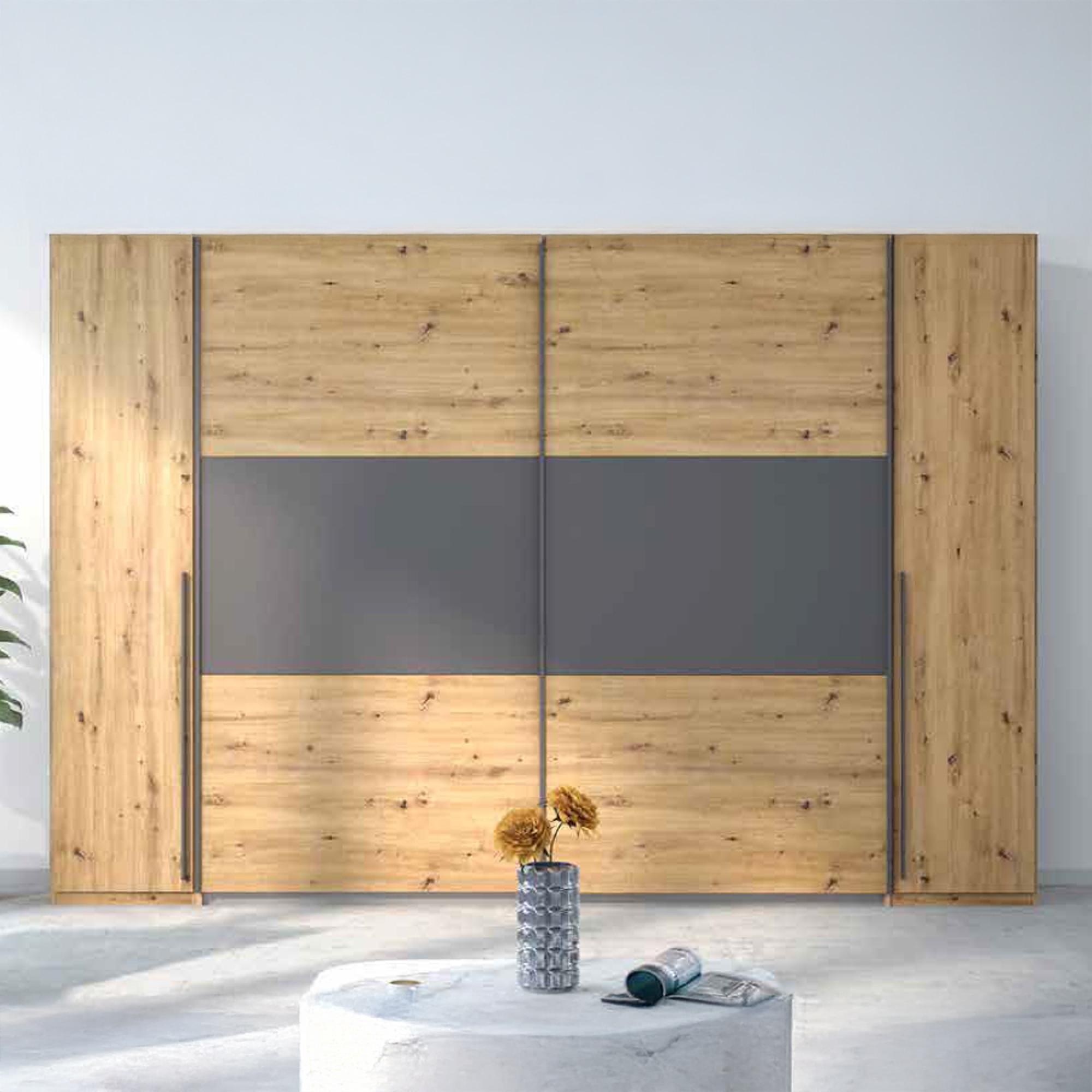 Rauch Mood 268cm 4 Door Wardrobe - Artisan Oak and Metallic Dark Grey