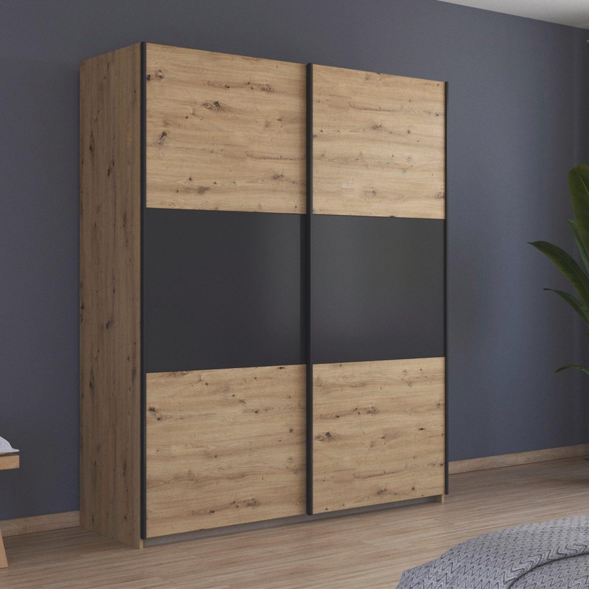 Rauch Neo 175cm 2 Door Sliding Wardrobe - Artisan Oak and Metallic Dark Grey