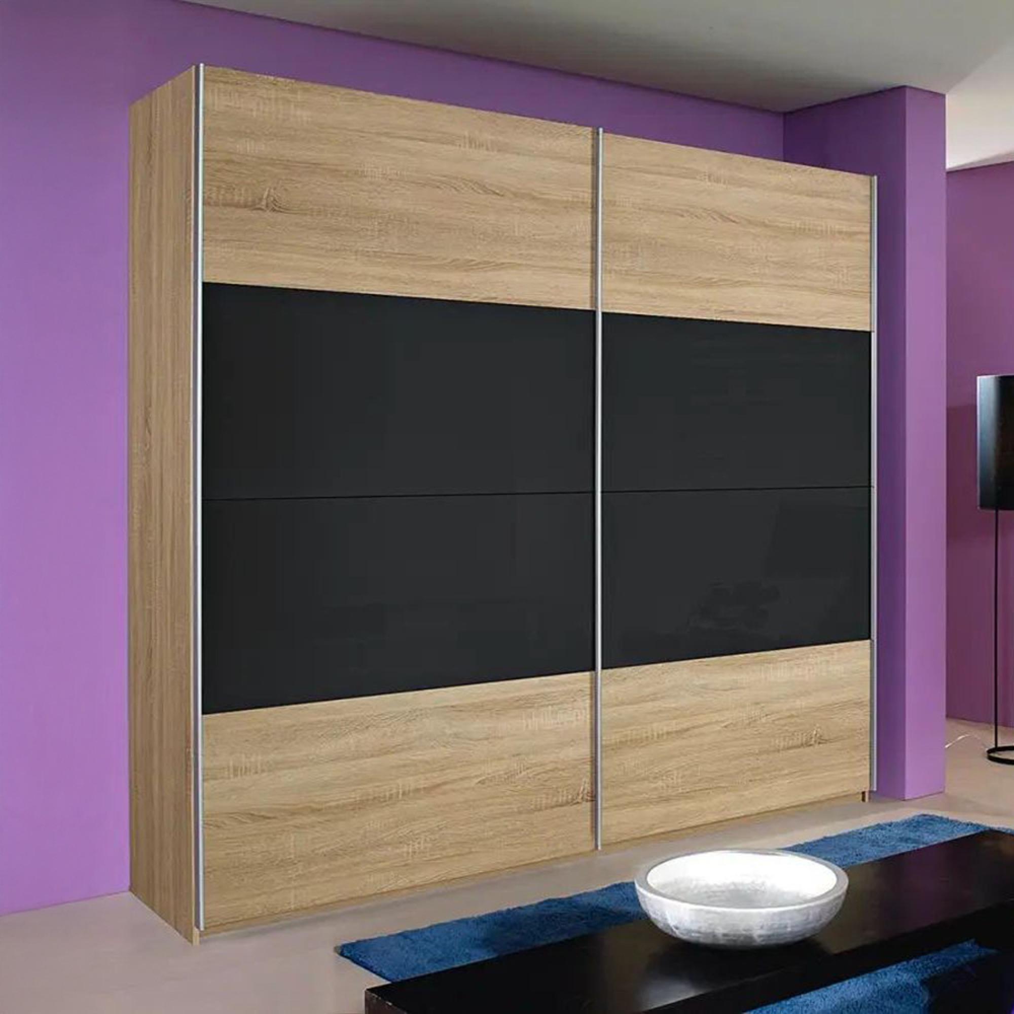 Rauch Quadra 181cm 2 Door Sliding Wardrobe - Sonoma Oak and Basalt Glass