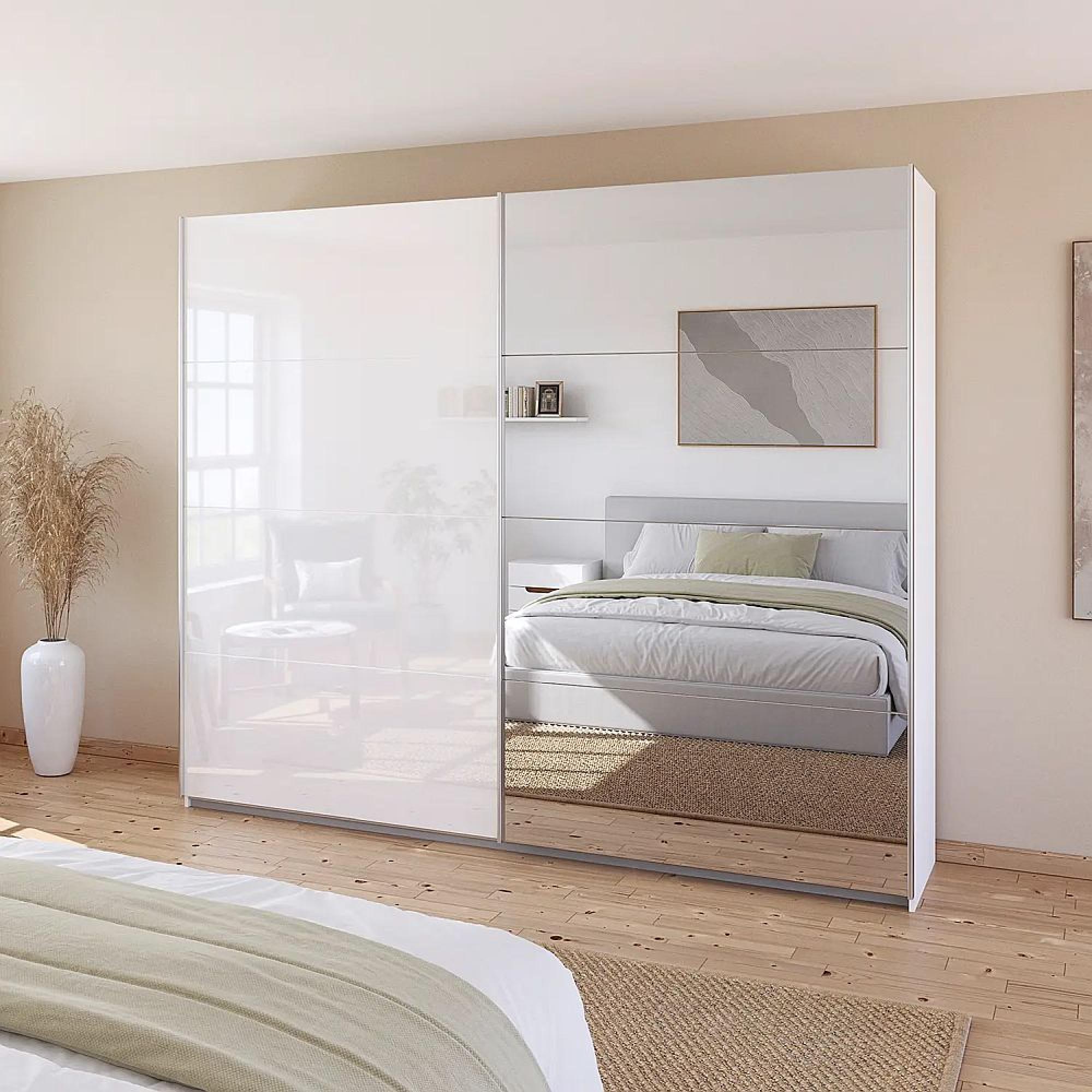 Rauch Quadra 271cm 2 Door Sliding Wardrobe with Mirror - Alpine White and High Gloss White