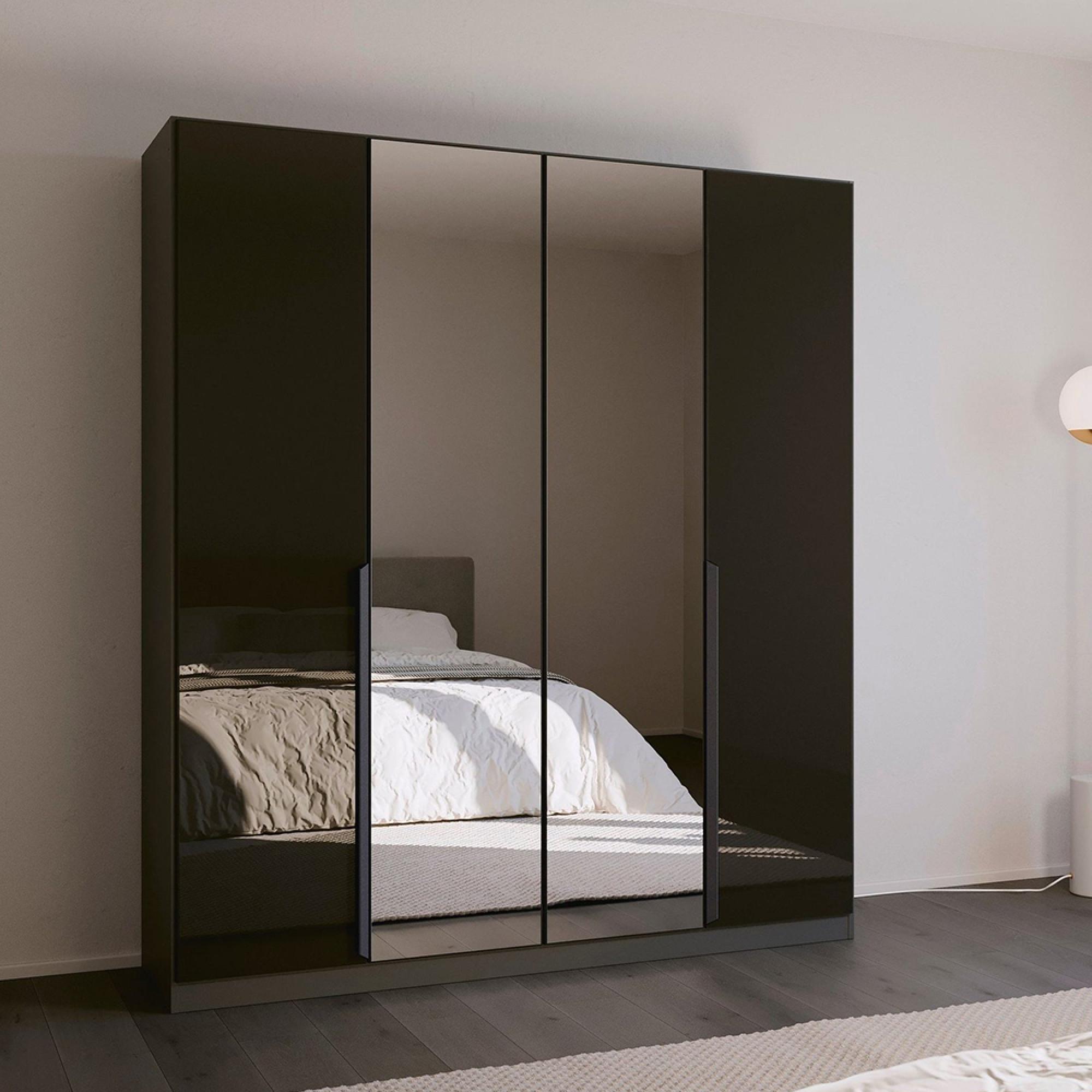 Rauch Quadra Spin 181cm 4 Door Wardrobe with Mirror - Metallic Dark Grey and Basalt Glass