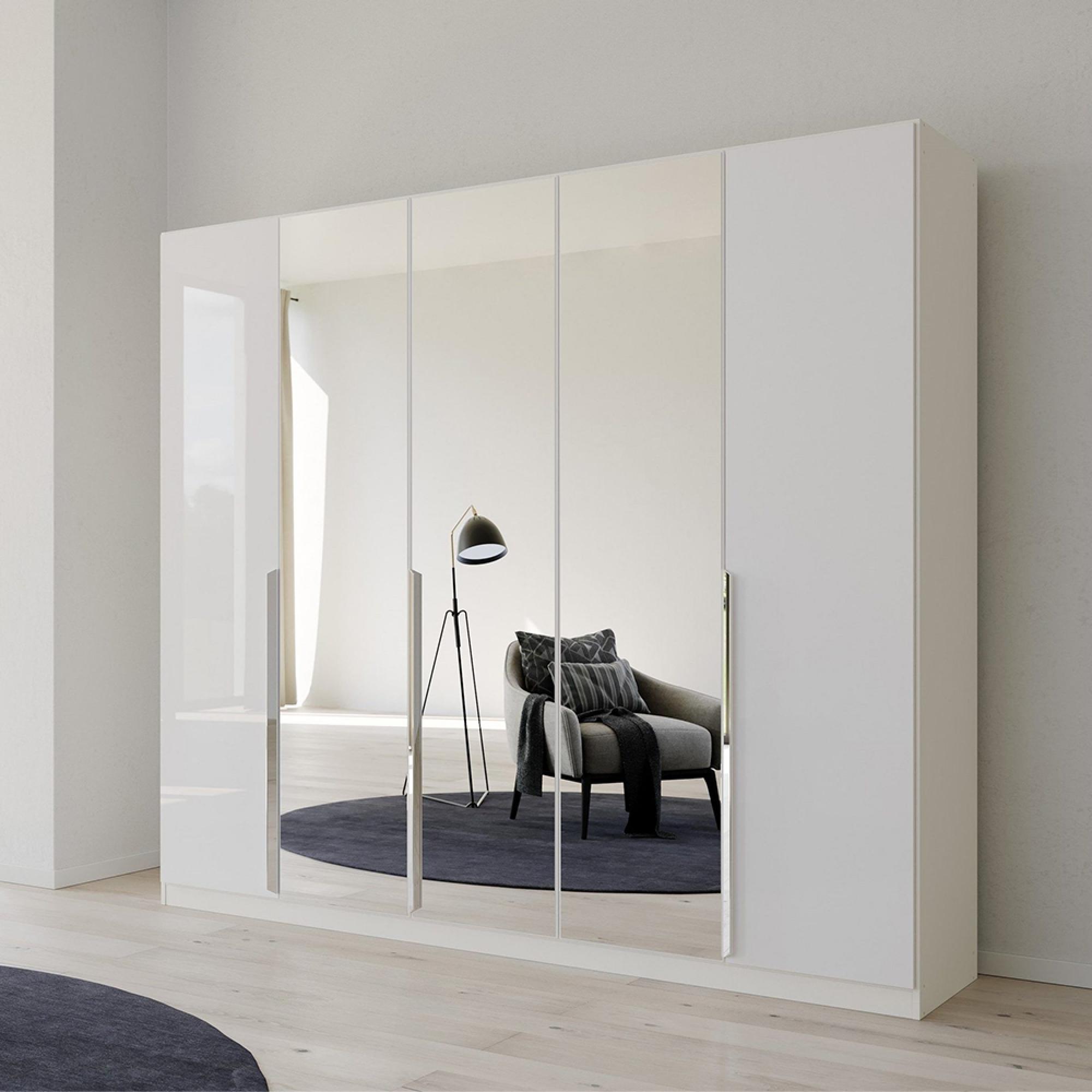 Rauch Quadra Spin 226cm 5 Door Wardrobe with Mirror - Alpine White and High Gloss White