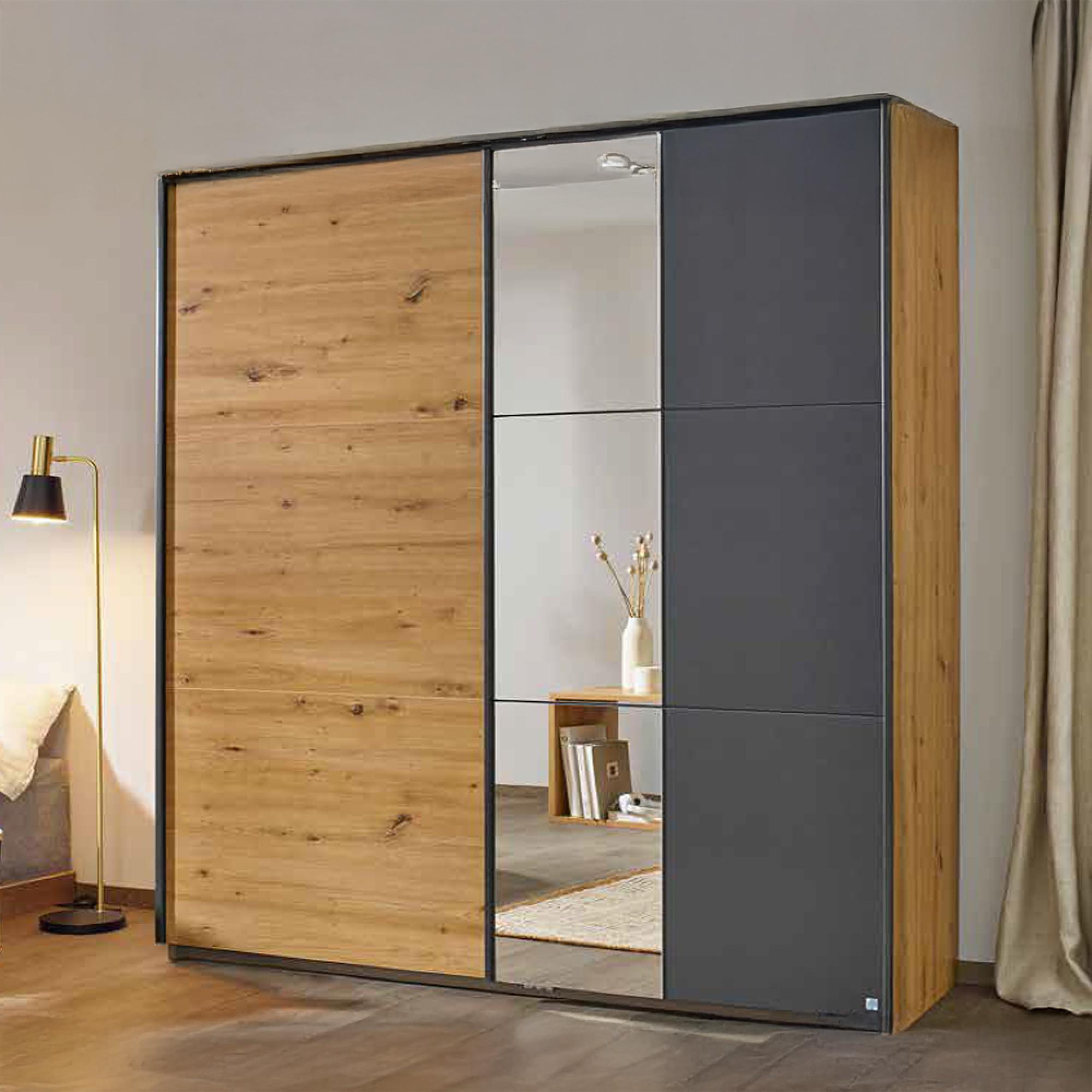 Rauch Slide 175cm 2 Door Sliding Wardrobe with Mirror - Artisan Oak and Metallic Dark Grey