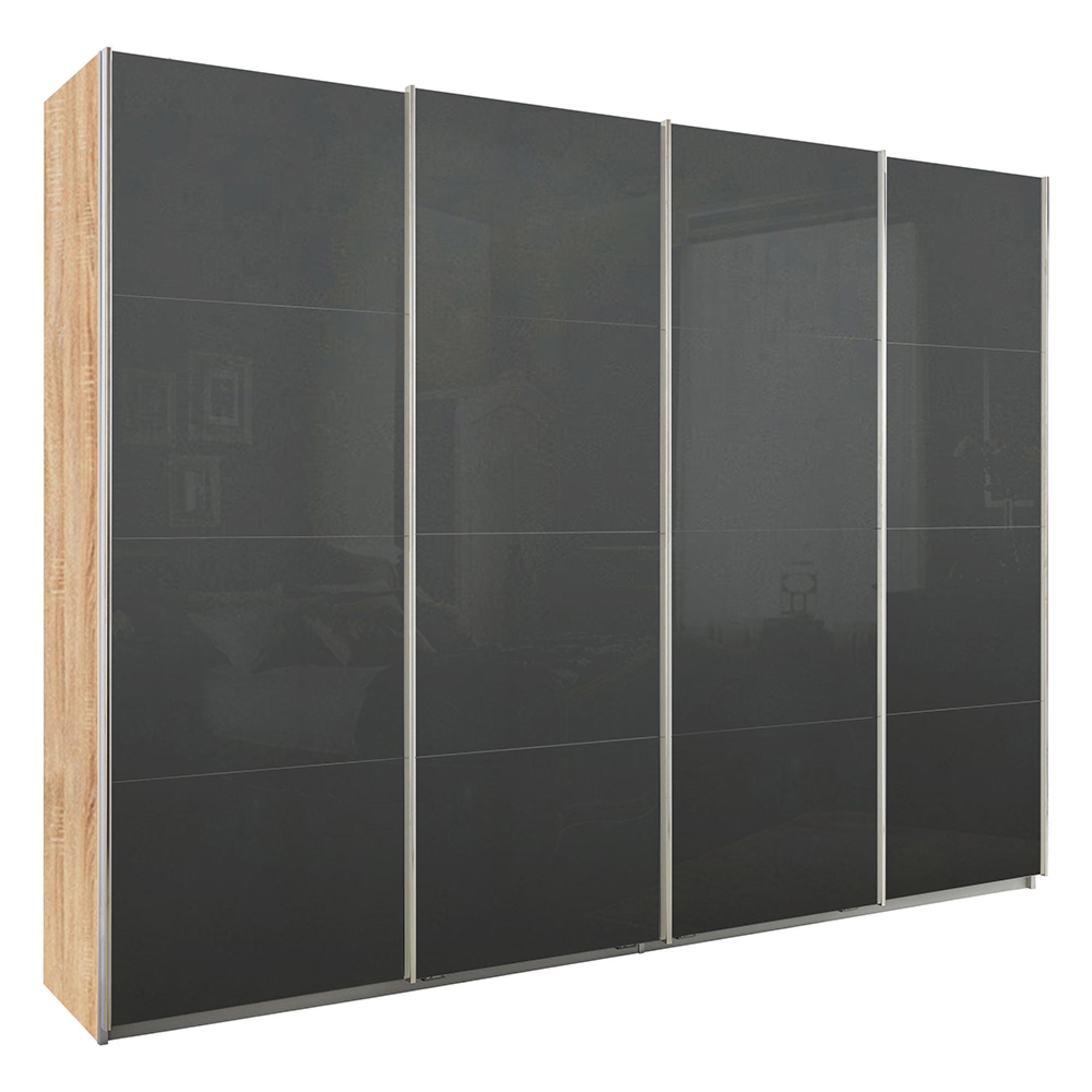 Rauch Syncrono 271cm 4 Door Glass Sliding Wardrobe - Sonoma Oak and Basalt