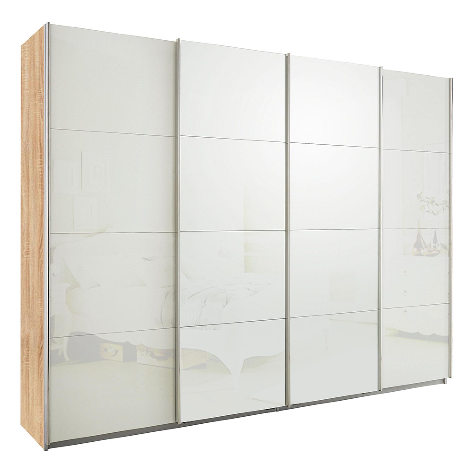 Rauch Syncrono 271cm 4 Door Glass Sliding Wardrobe - Sonoma Oak and White