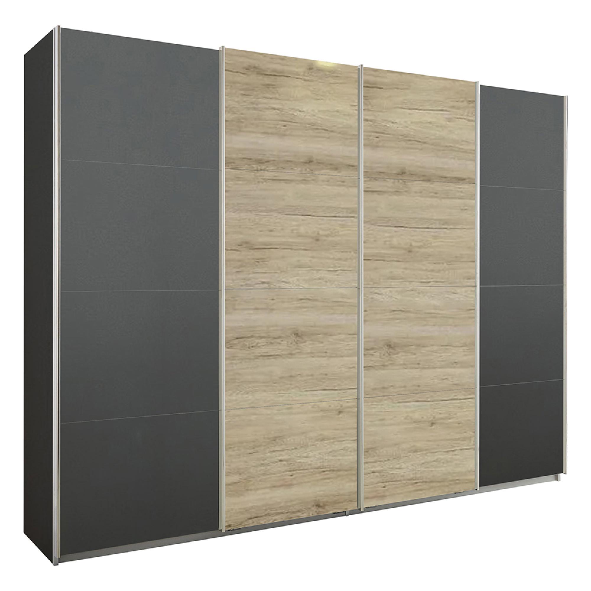 Rauch Syncrono 271cm 4 Door Sliding Wardrobe - Metallic Dark Grey and Sanremo Oak Light