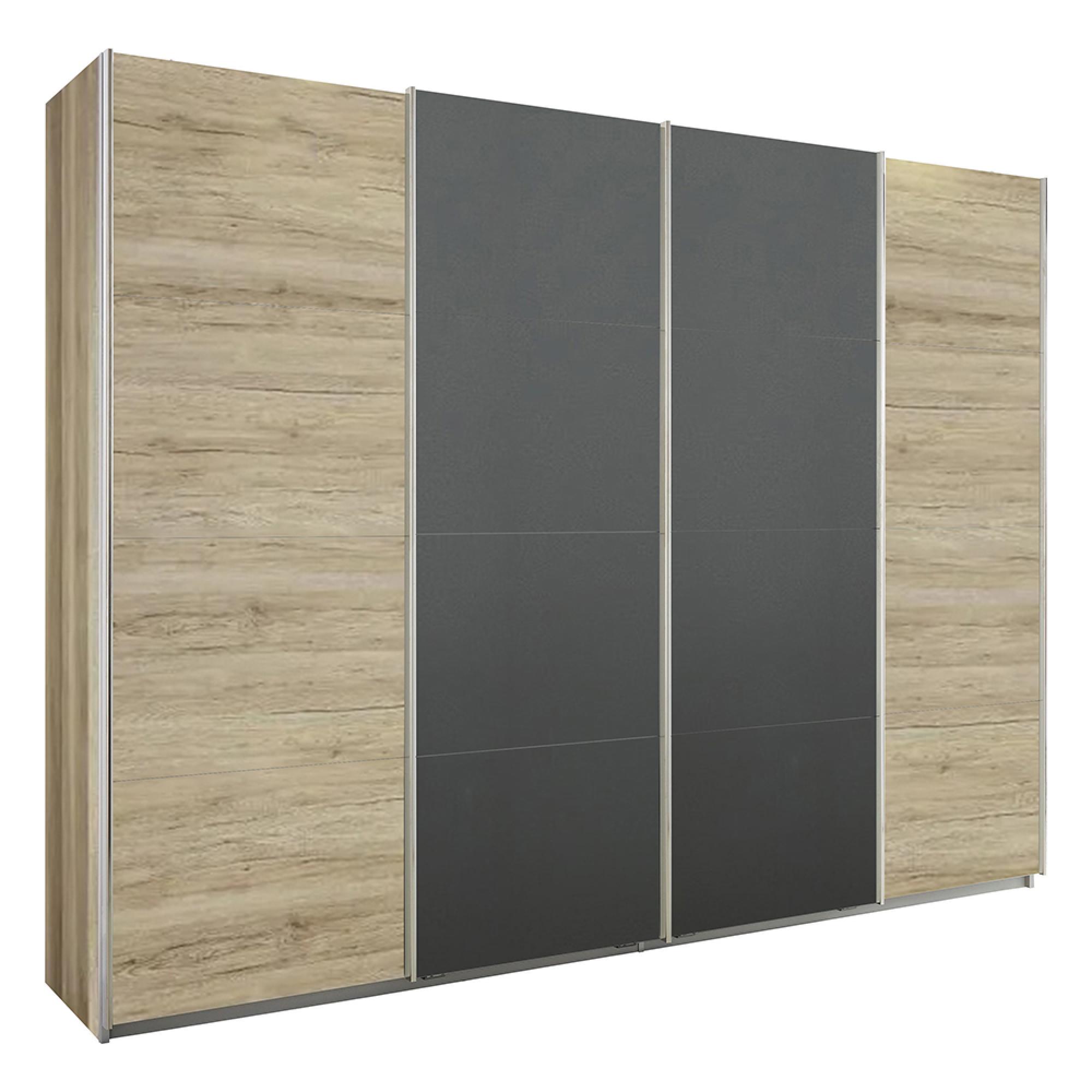 Rauch Syncrono 271cm 4 Door Sliding Wardrobe - Sanremo Oak Light and Metallic Dark Grey
