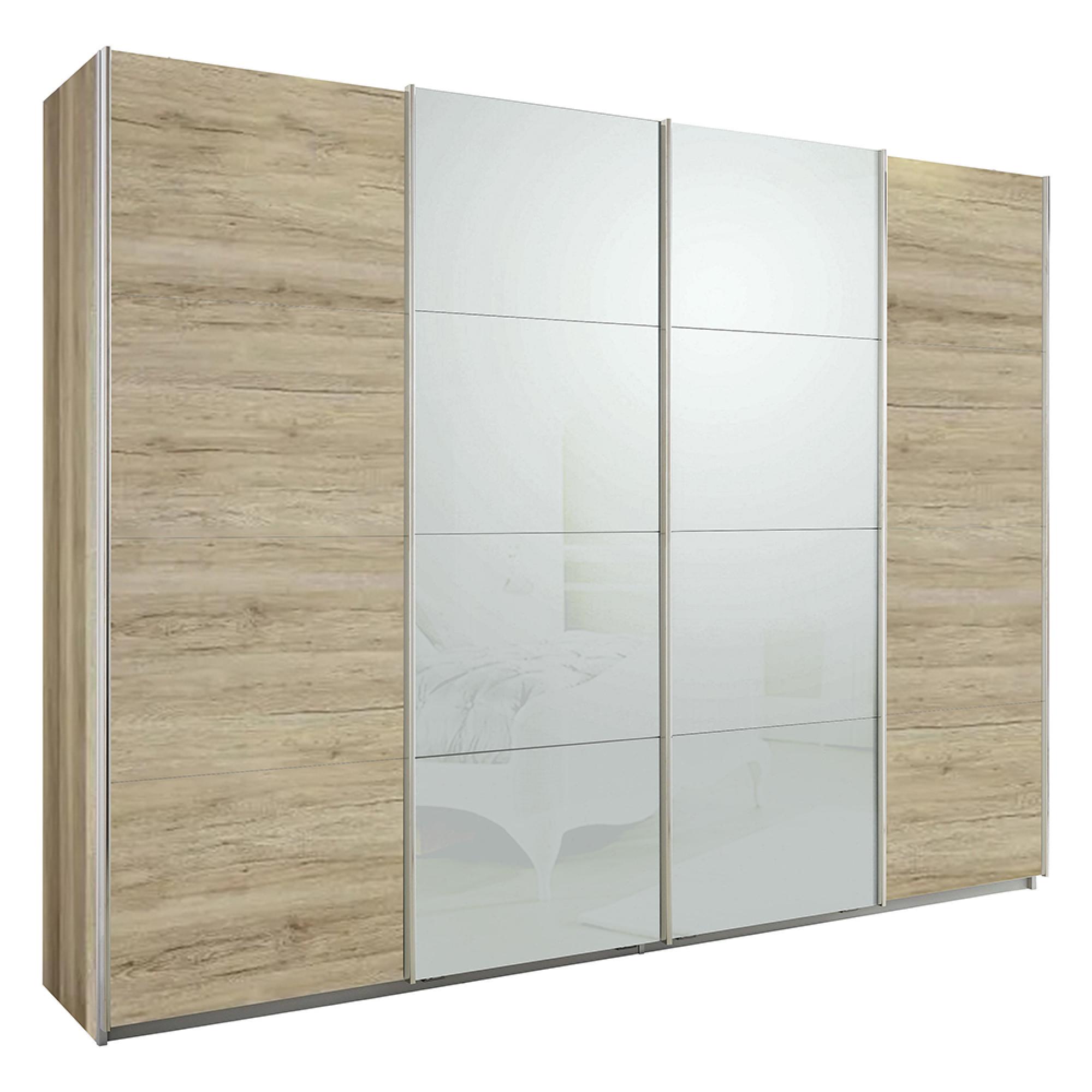 Rauch Syncrono 271cm 4 Door Sliding Wardrobe - Sanremo Oak Light and Silk Grey Glass