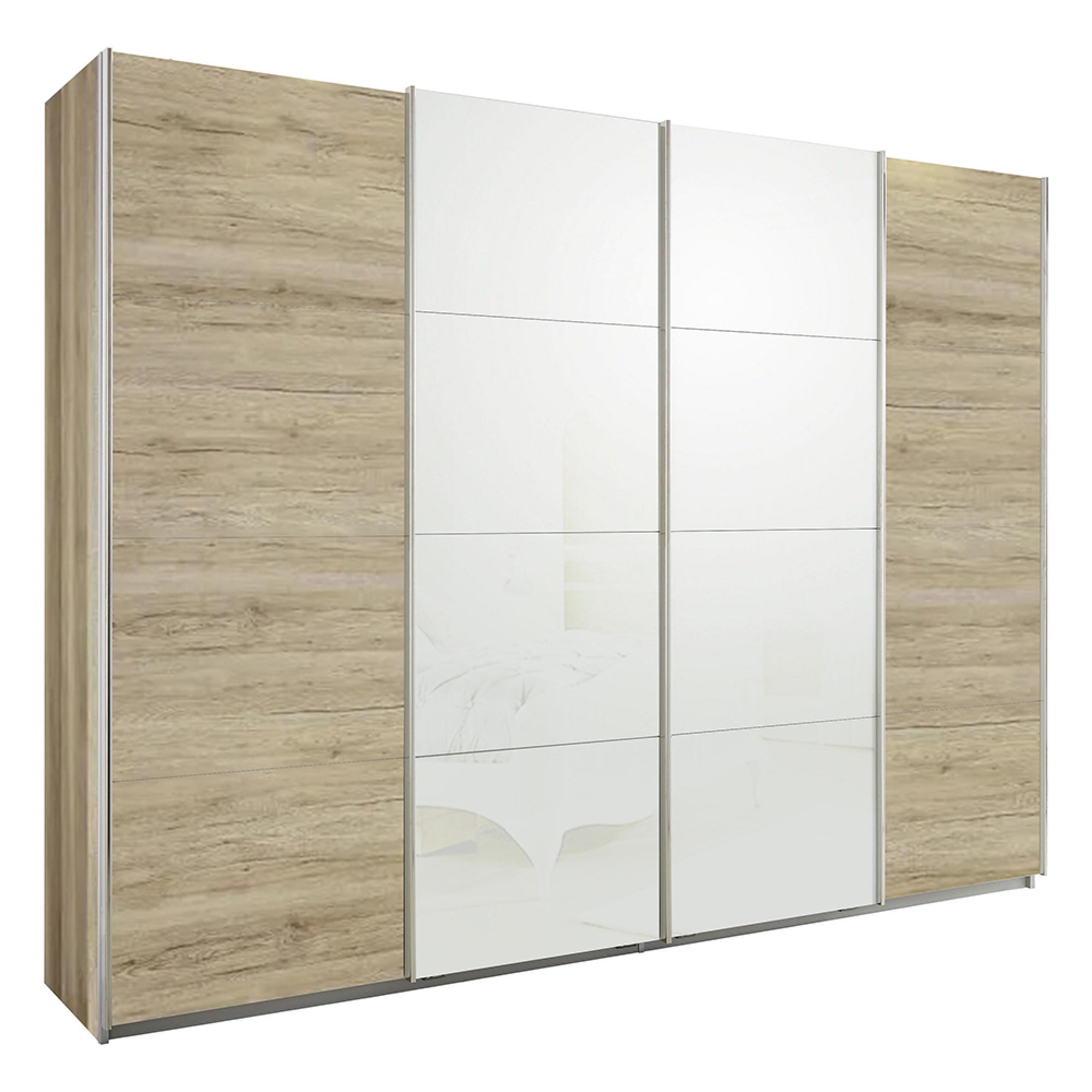 Rauch Syncrono 271cm 4 Door Sliding Wardrobe - Sanremo Oak Light and White Glass