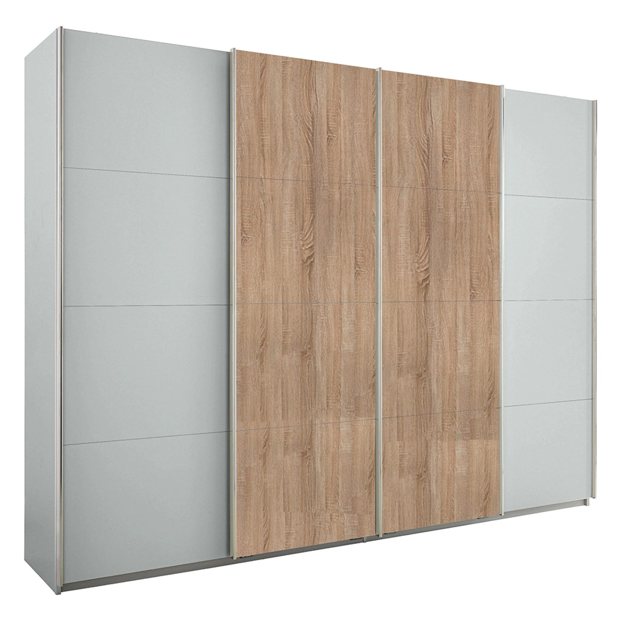 Rauch Syncrono 271cm 4 Door Sliding Wardrobe - Silk Grey and Sonoma Oak