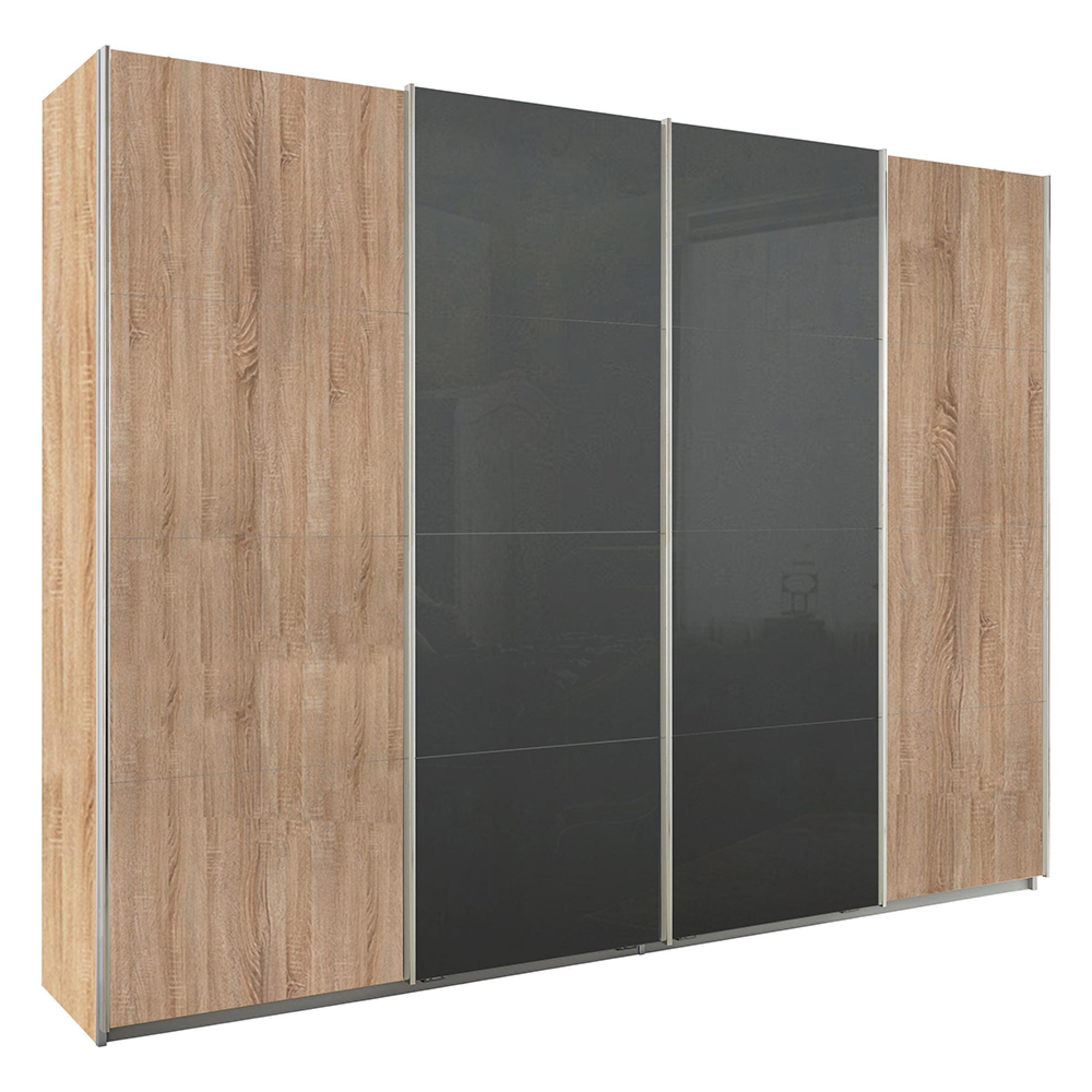 Rauch Syncrono 271cm 4 Door Sliding Wardrobe - Sonoma Oak and Basalt Glass