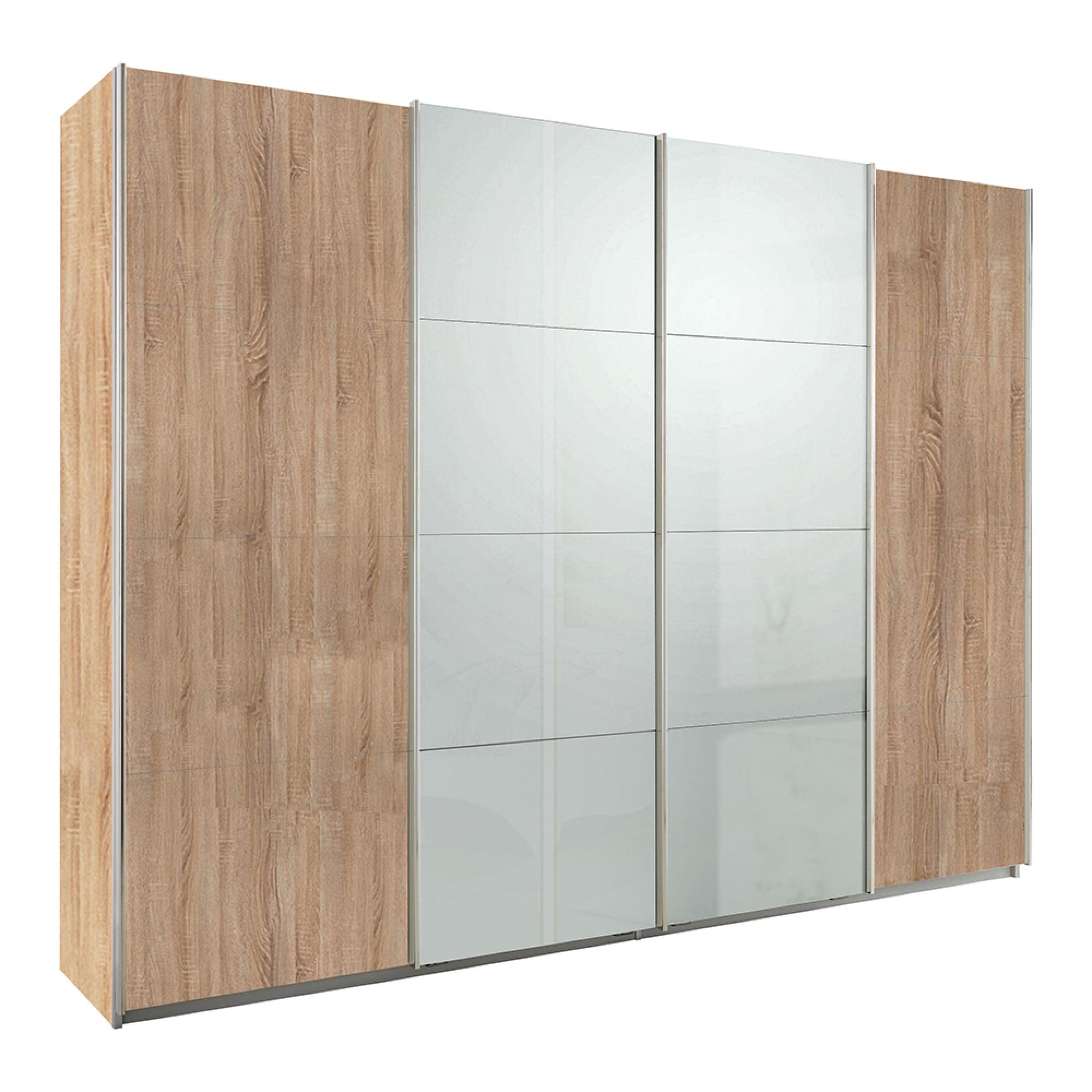 Rauch Syncrono 271cm 4 Door Sliding Wardrobe - Sonoma Oak and Grey High Gloss
