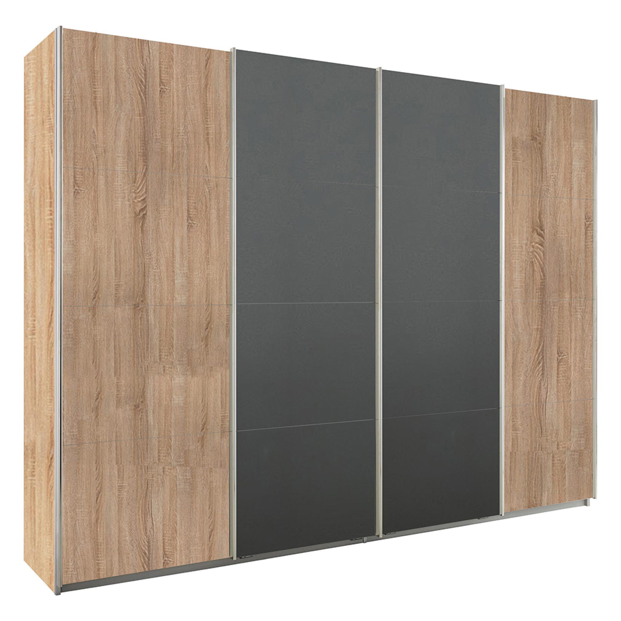 Rauch Syncrono 271cm 4 Door Sliding Wardrobe - Sonoma Oak and Metallic Dark Grey