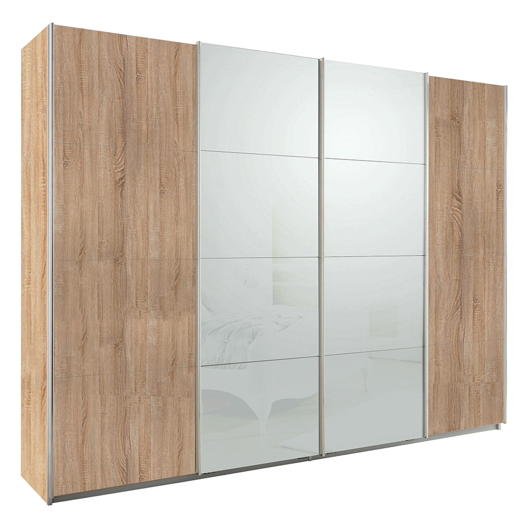Rauch Syncrono 271cm 4 Door Sliding Wardrobe - Sonoma Oak and Silk Grey Glass