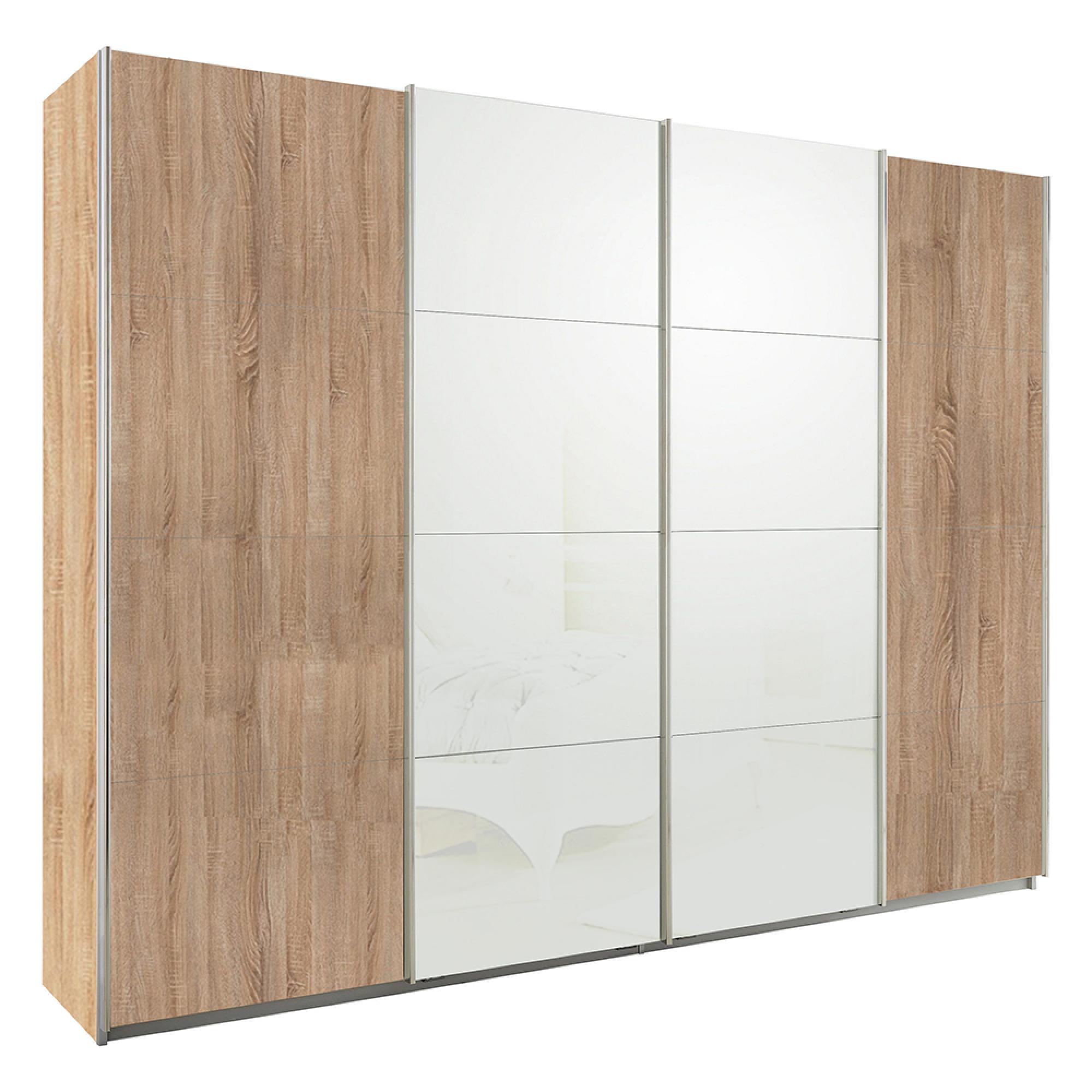 Rauch Syncrono 271cm 4 Door Sliding Wardrobe - Sonoma Oak and White Glass