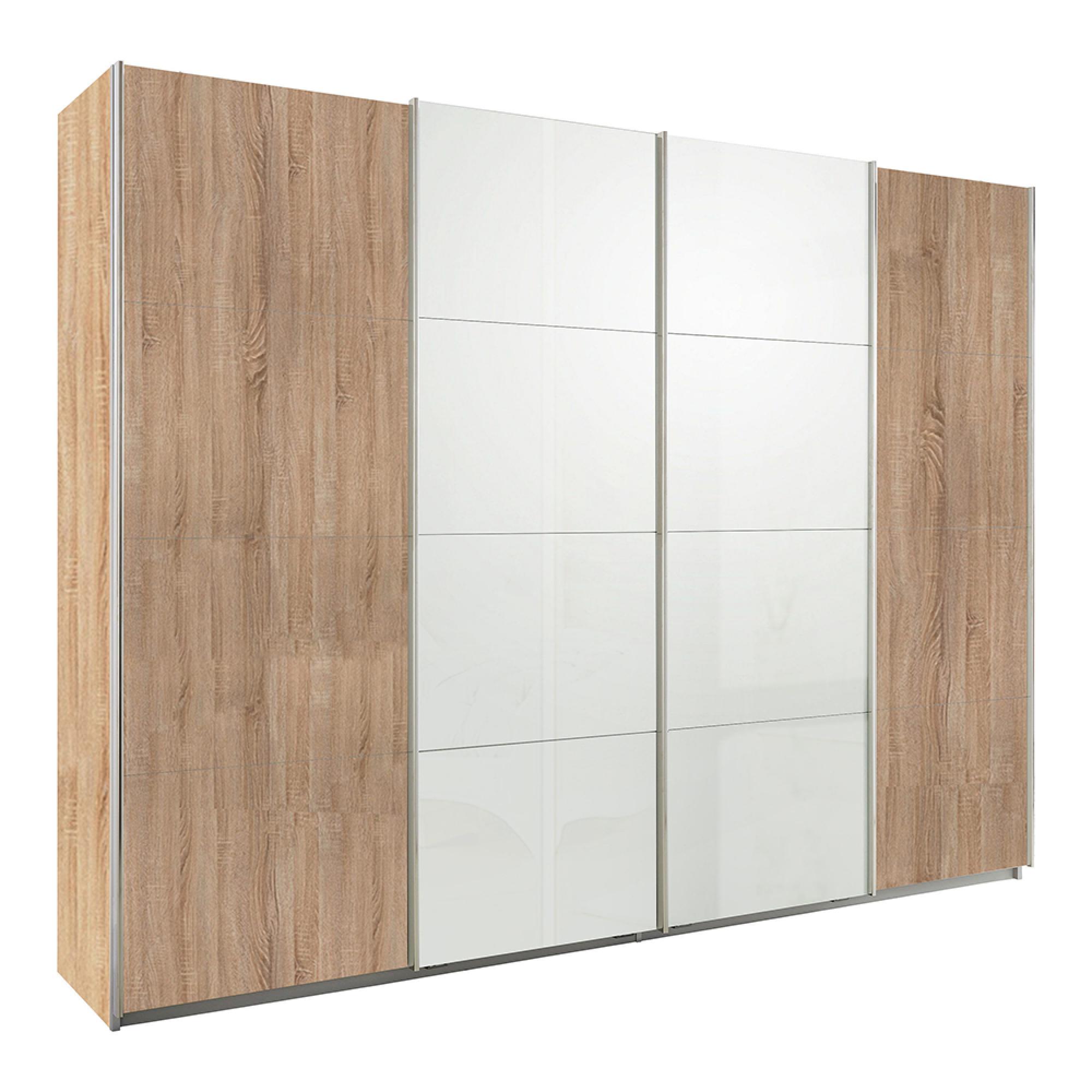 Rauch Syncrono 271cm 4 Door Sliding Wardrobe - Sonoma Oak and White High Gloss