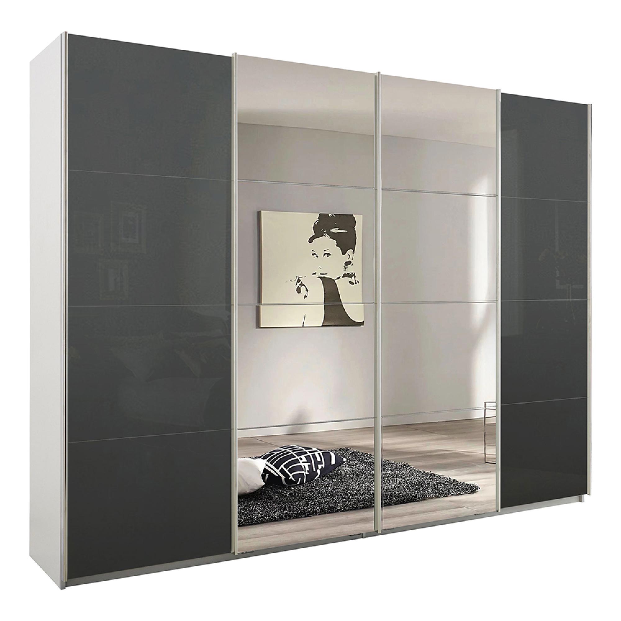 Rauch Syncrono 271cm 4 Door Sliding Wardrobe with Mirror - Alpine White and Basalt Glass