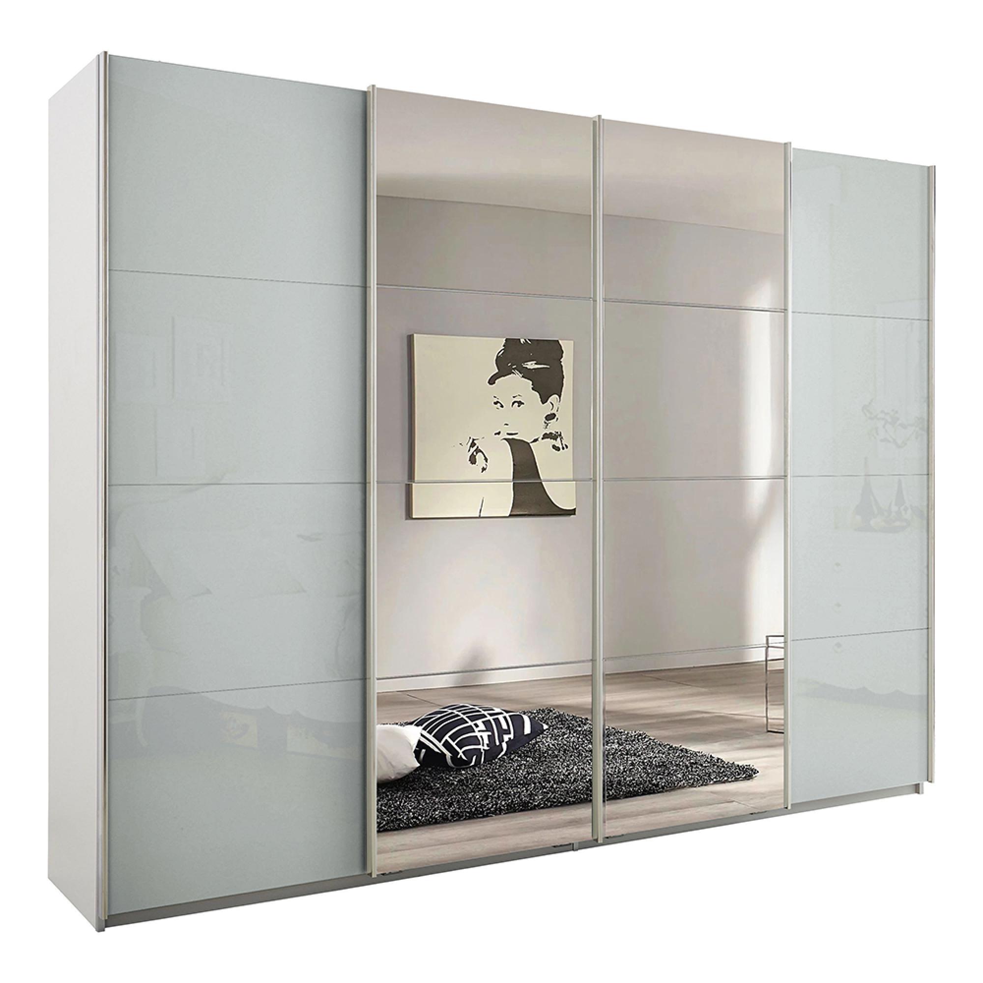 Rauch Syncrono 271cm 4 Door Sliding Wardrobe with Mirror - Alpine White and Silk Grey Glass