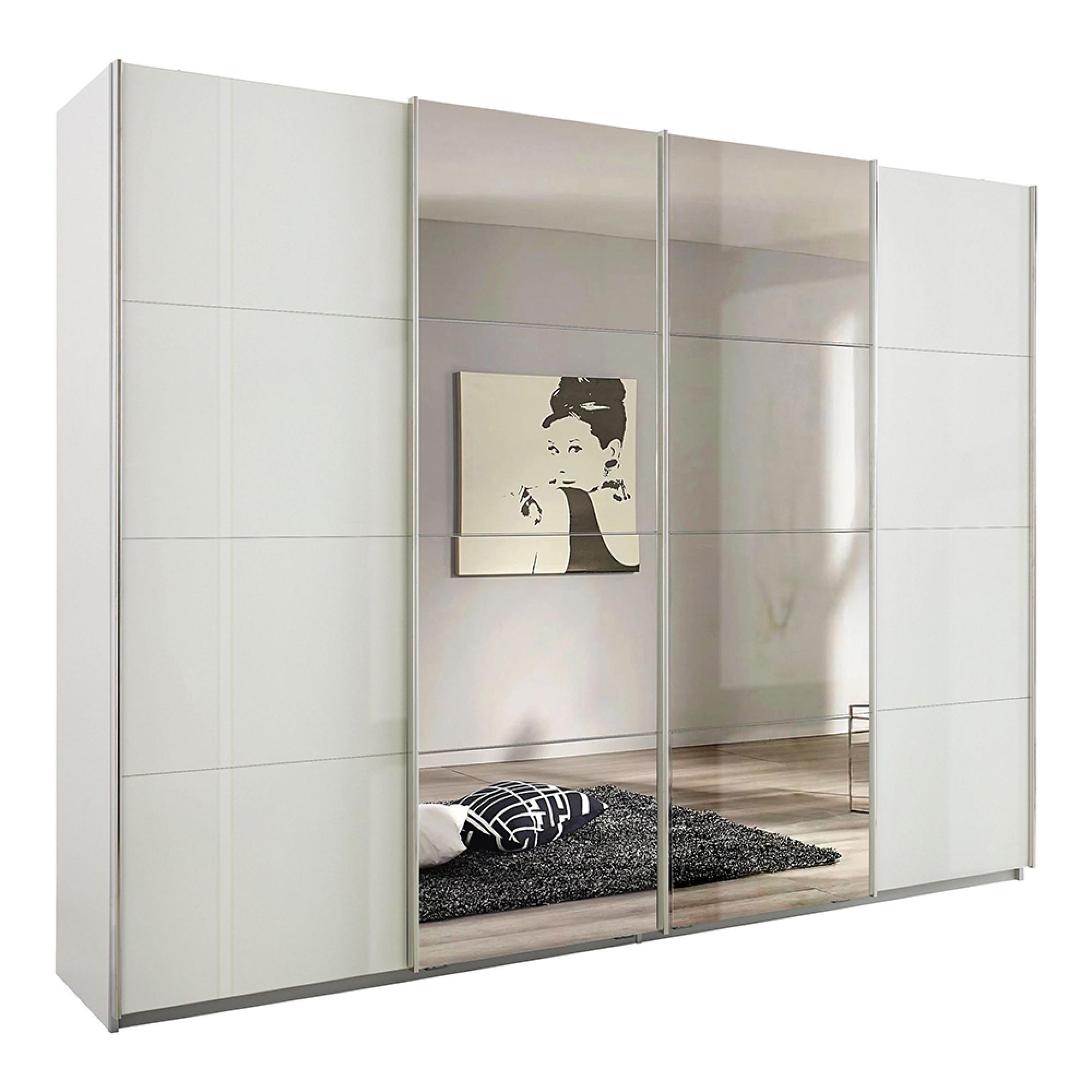 Rauch Syncrono 271cm 4 Door Sliding Wardrobe with Mirror - Alpine White and White High Gloss