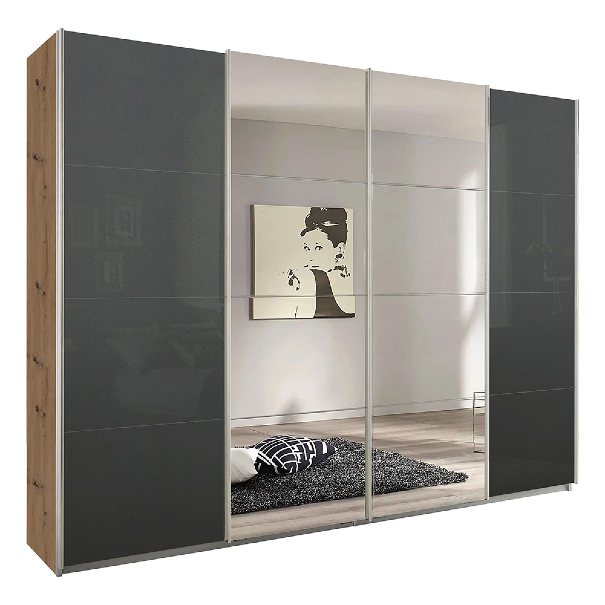 Rauch Syncrono 271cm 4 Door Sliding Wardrobe with Mirror - Artisan Oak and Basalt Glass