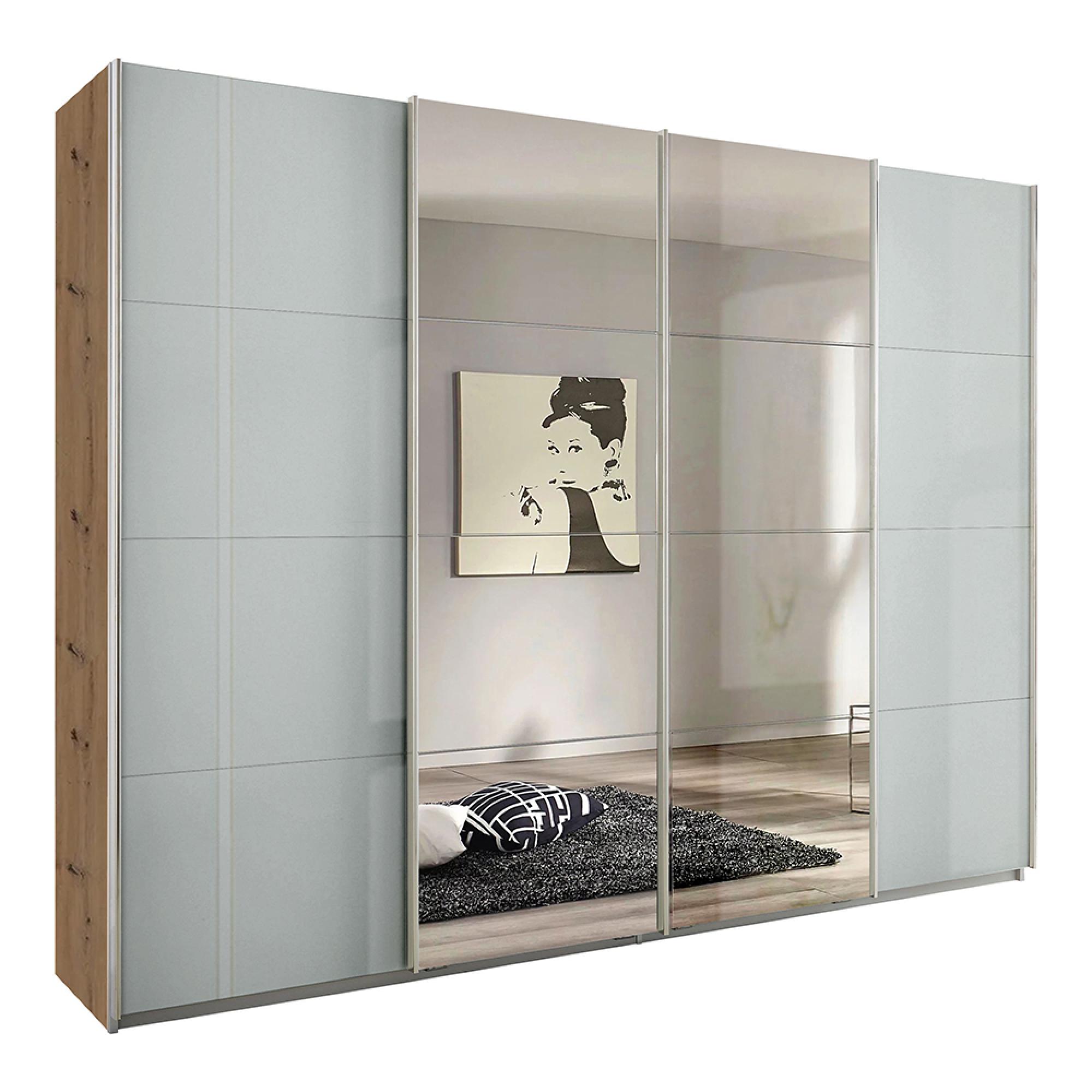 Rauch Syncrono 271cm 4 Door Sliding Wardrobe with Mirror - Artisan Oak and Grey High Gloss