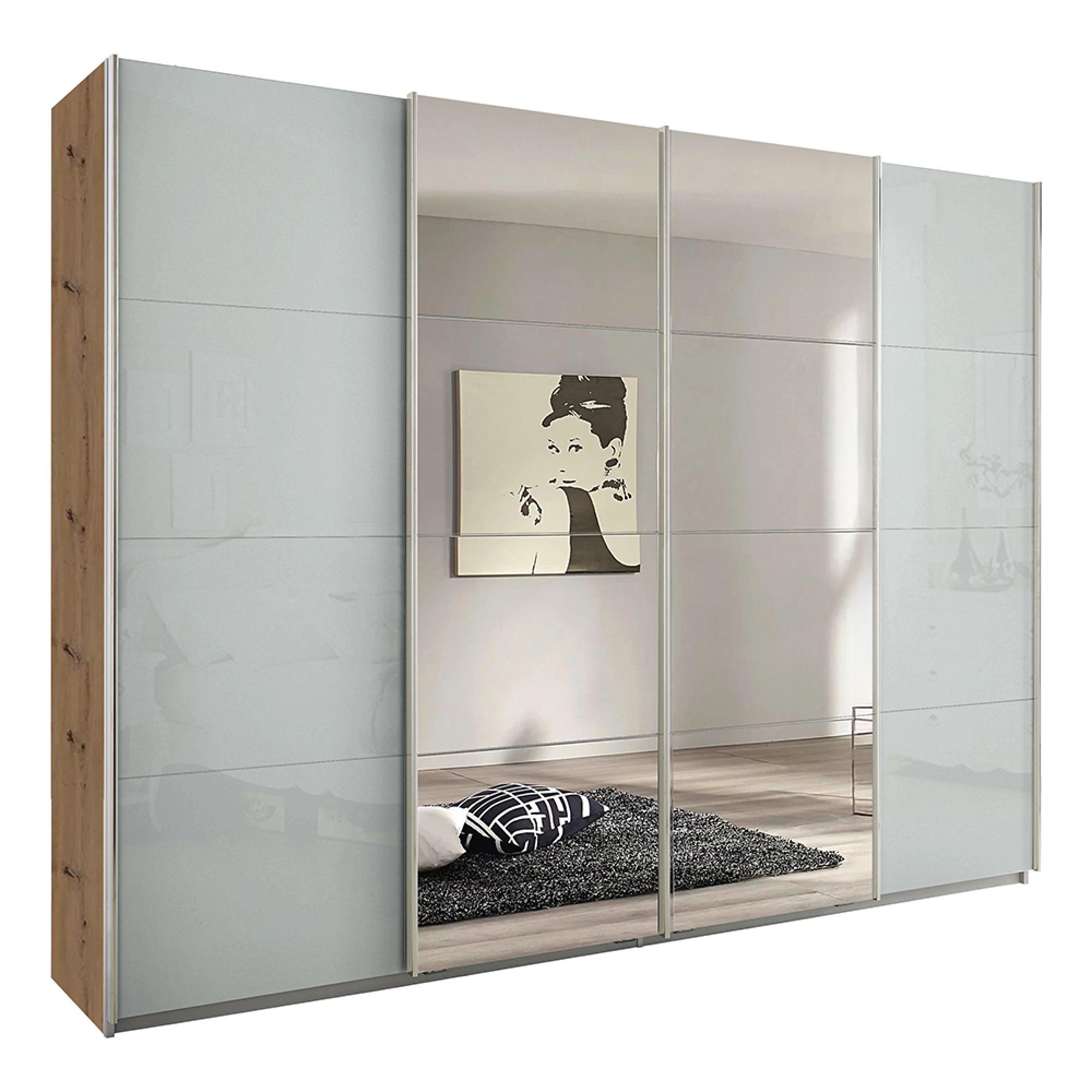 Rauch Syncrono 271cm 4 Door Sliding Wardrobe with Mirror - Artisan Oak and Silk Grey Glass