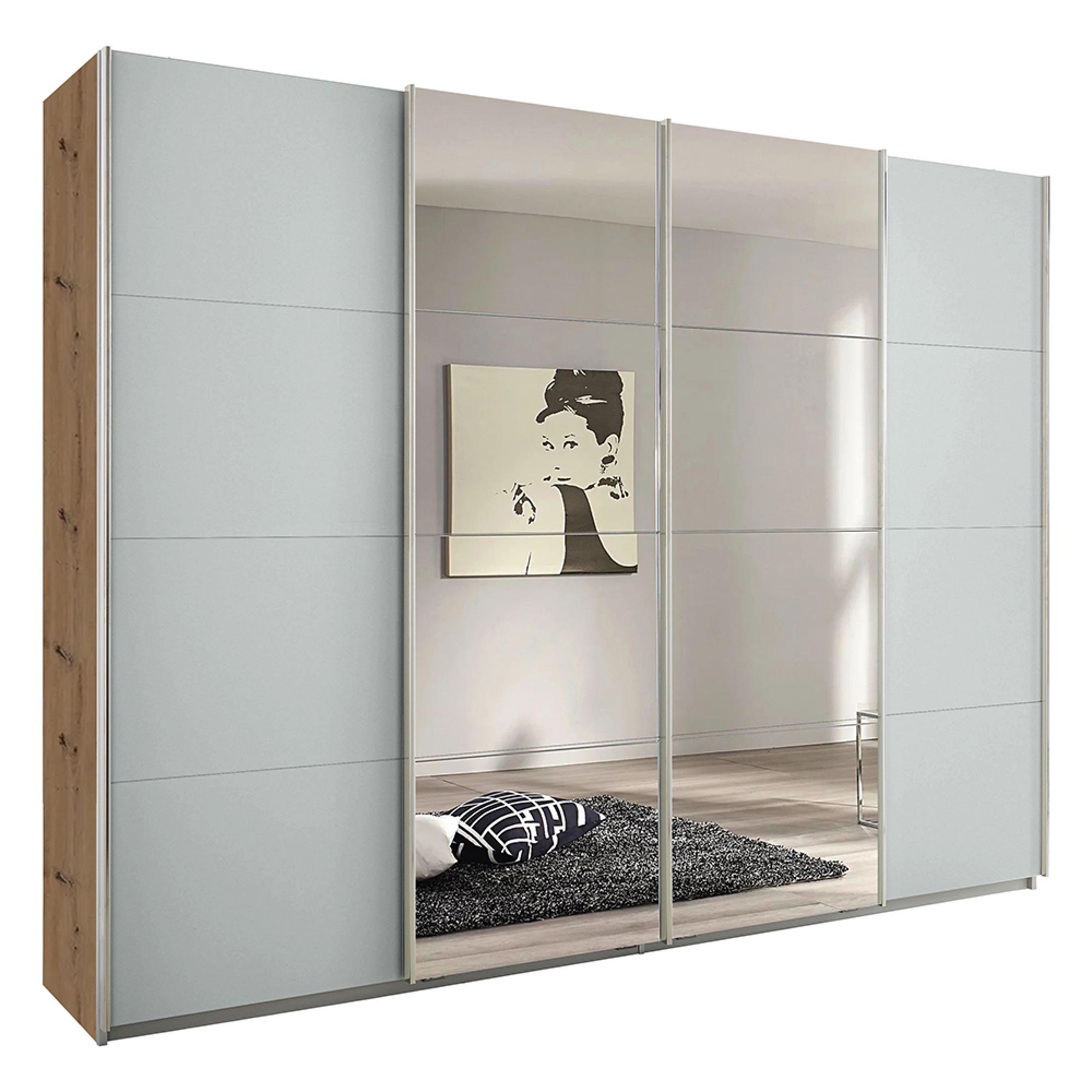Rauch Syncrono 271cm 4 Door Sliding Wardrobe with Mirror - Artisan Oak and Silk Grey