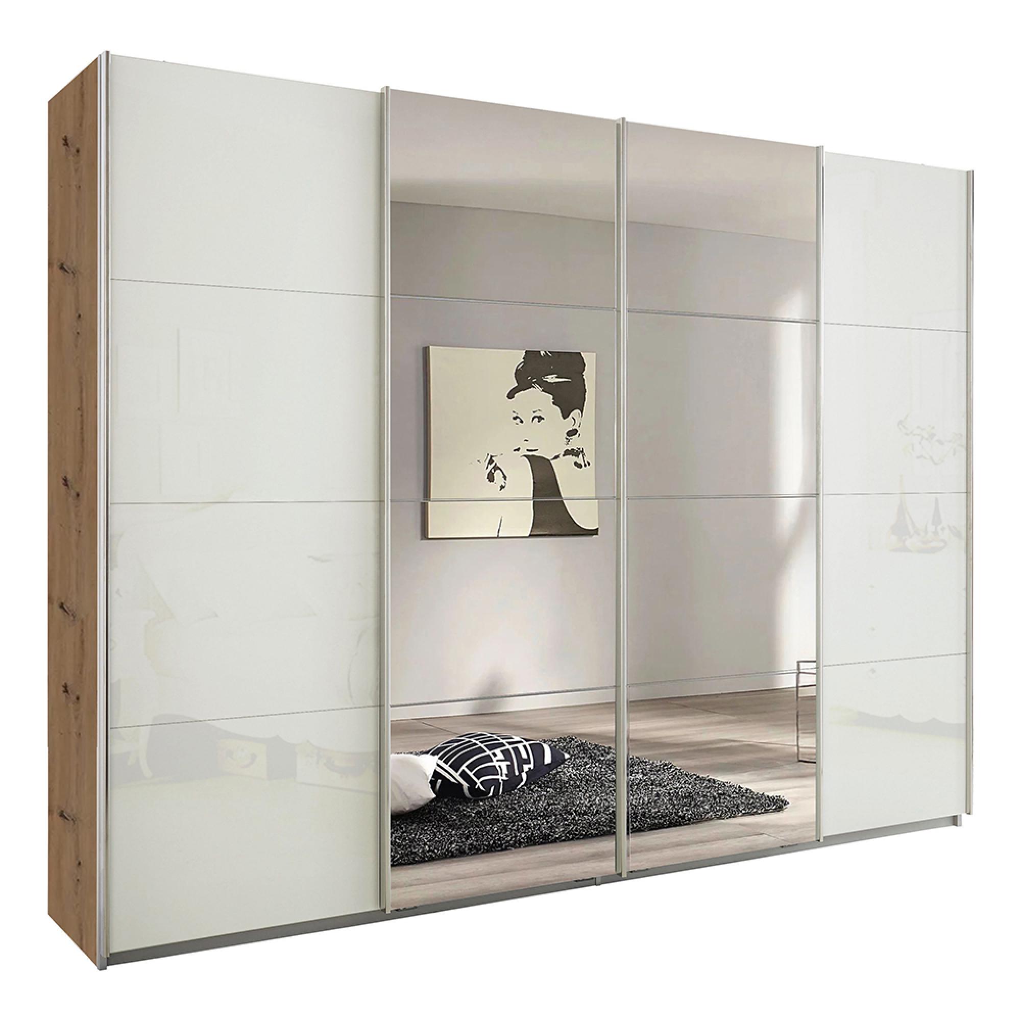 Rauch Syncrono 271cm 4 Door Sliding Wardrobe with Mirror - Artisan Oak and White Glass