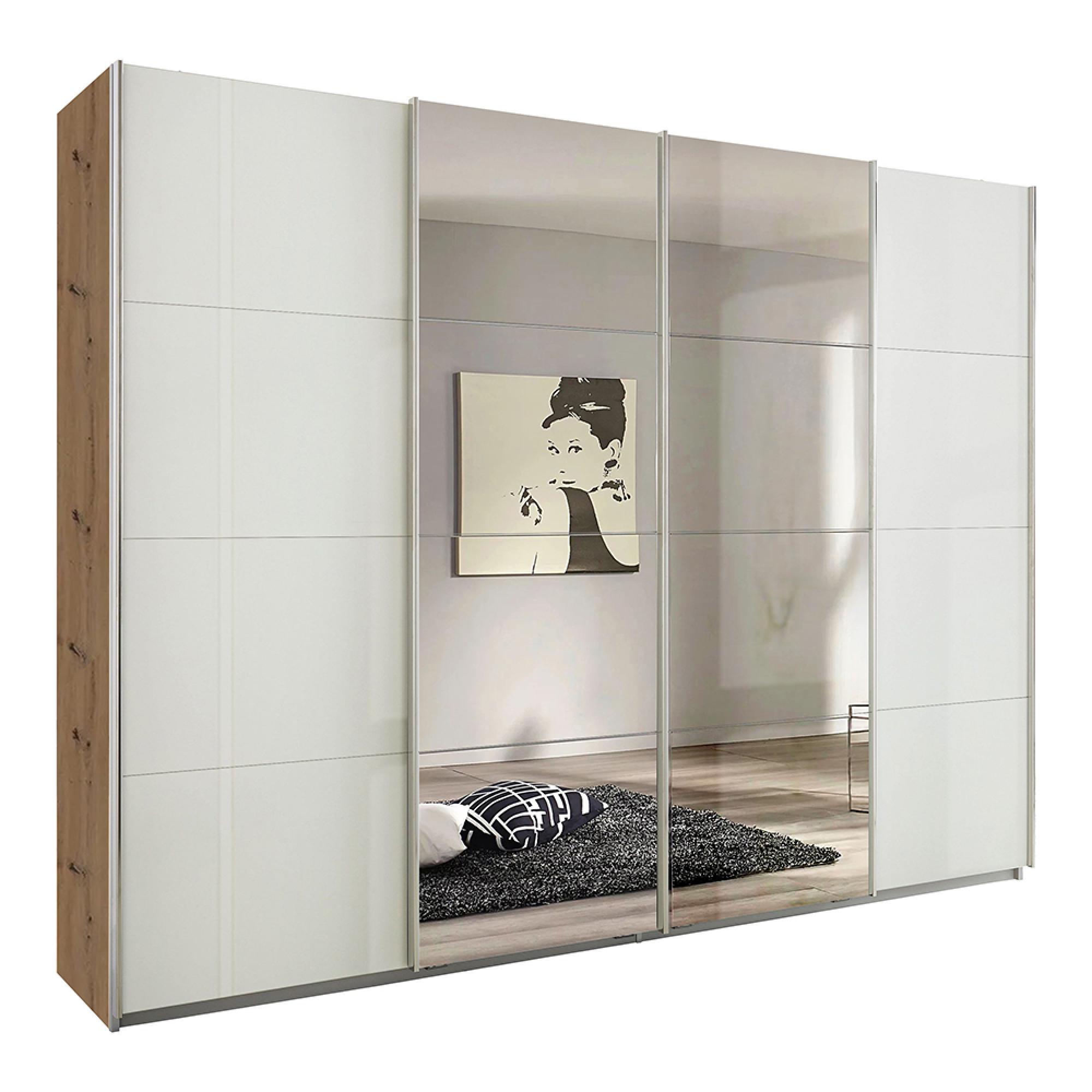 Rauch Syncrono 271cm 4 Door Sliding Wardrobe with Mirror - Artisan Oak and White High Gloss