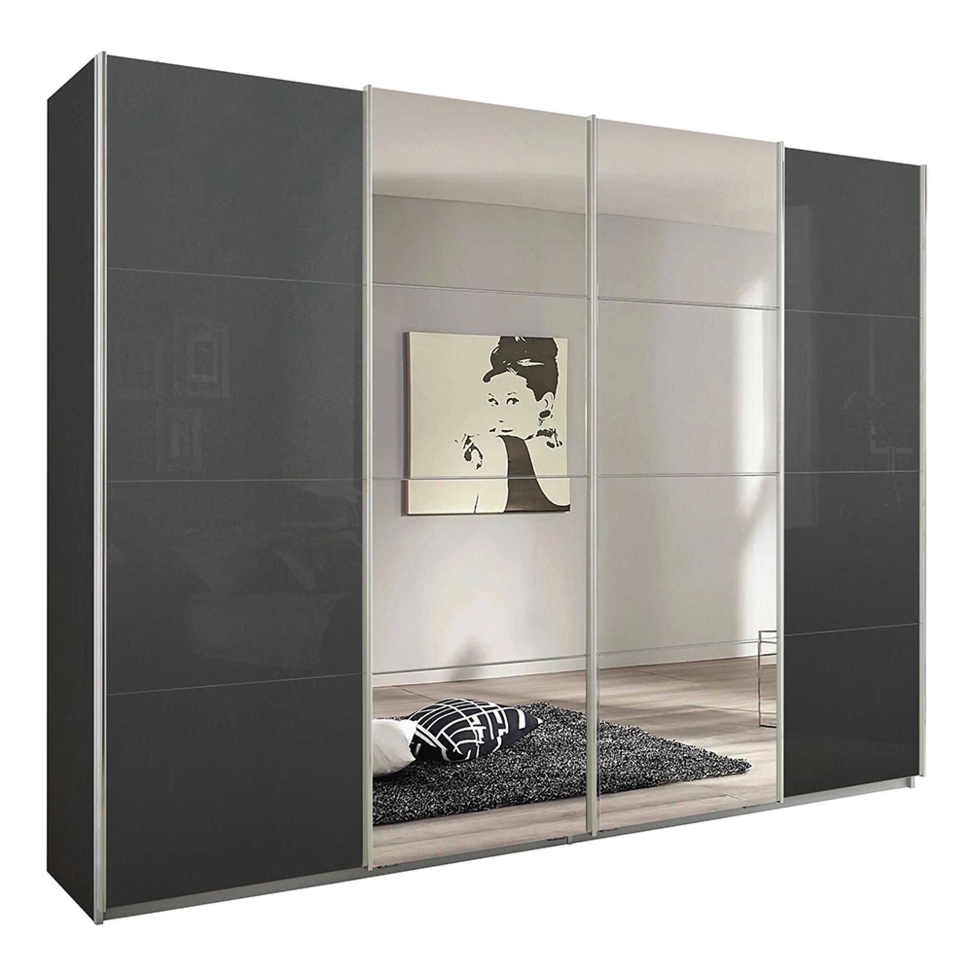 Rauch Syncrono 271cm 4 Door Sliding Wardrobe with Mirror - Metallic Dark Grey and Basalt Glass