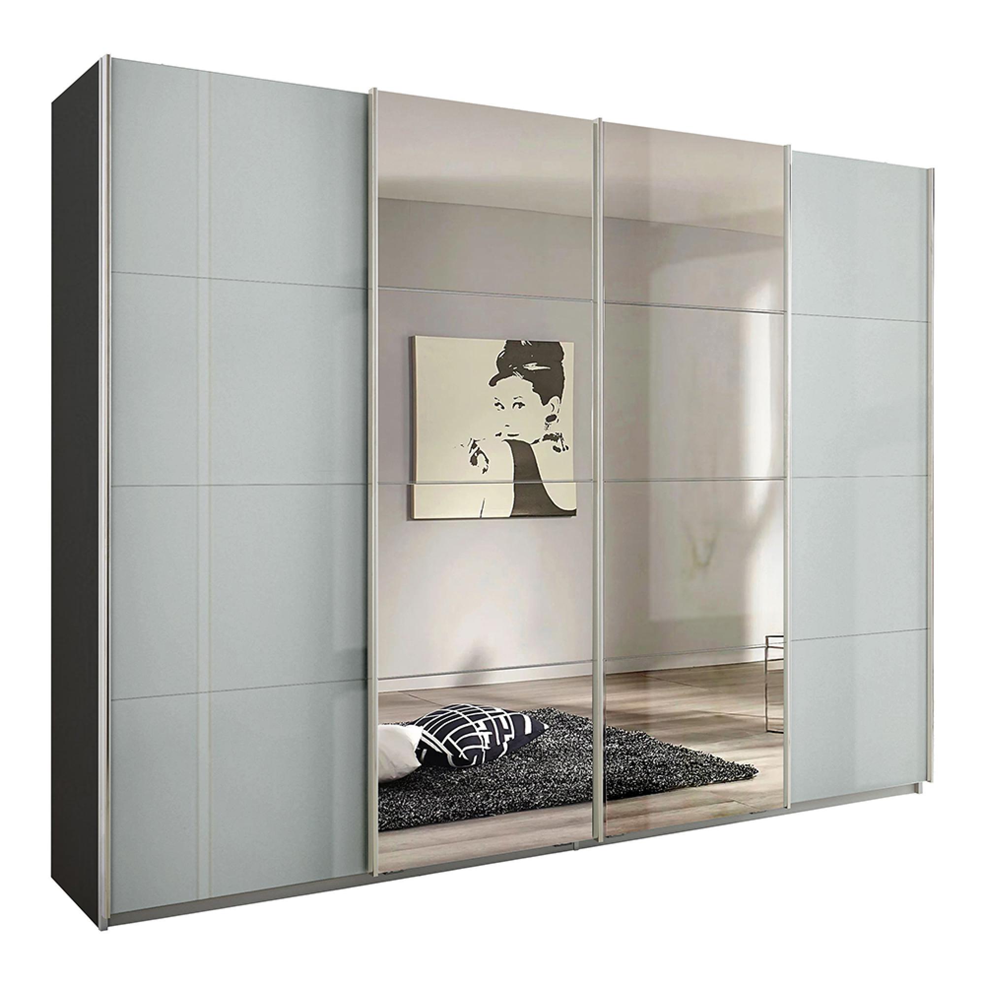 Rauch Syncrono 271cm 4 Door Sliding Wardrobe with Mirror - Metallic Dark Grey and Grey High Gloss