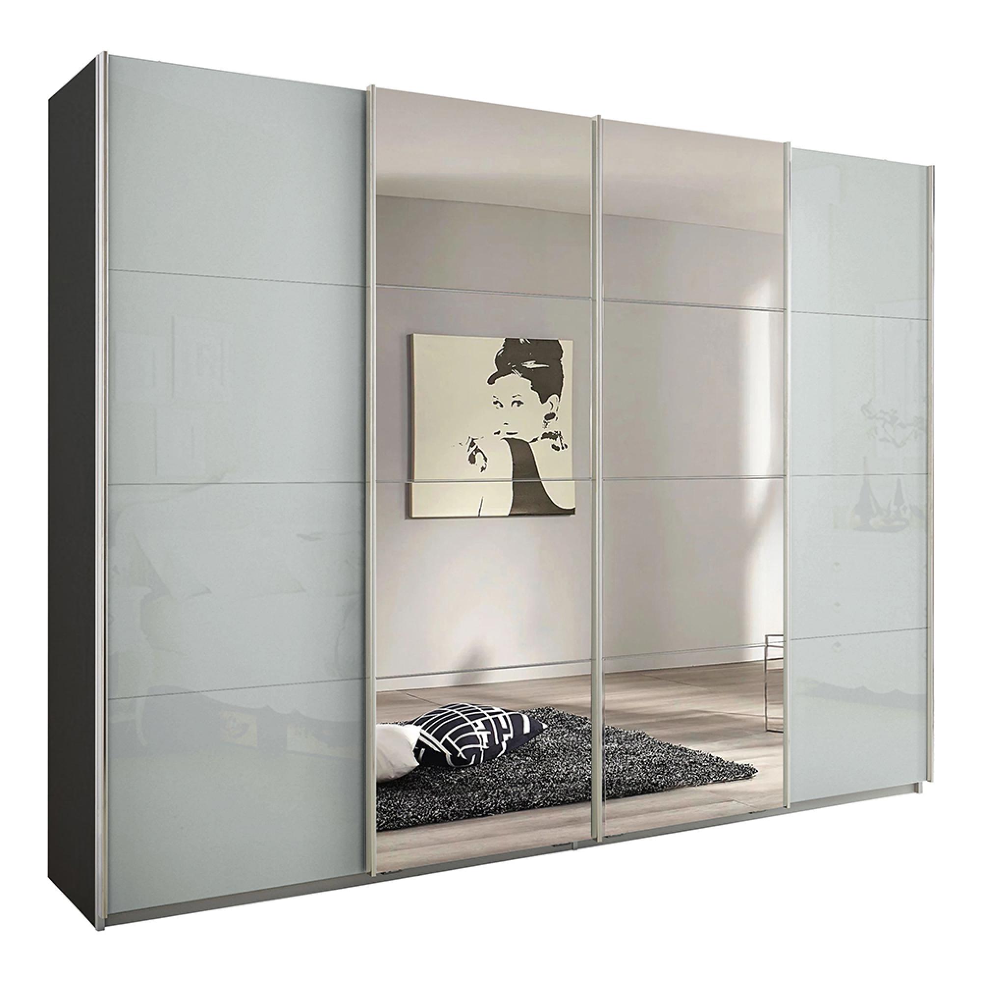 Rauch Syncrono 271cm 4 Door Sliding Wardrobe with Mirror - Metallic Dark Grey and Silk Grey Glass