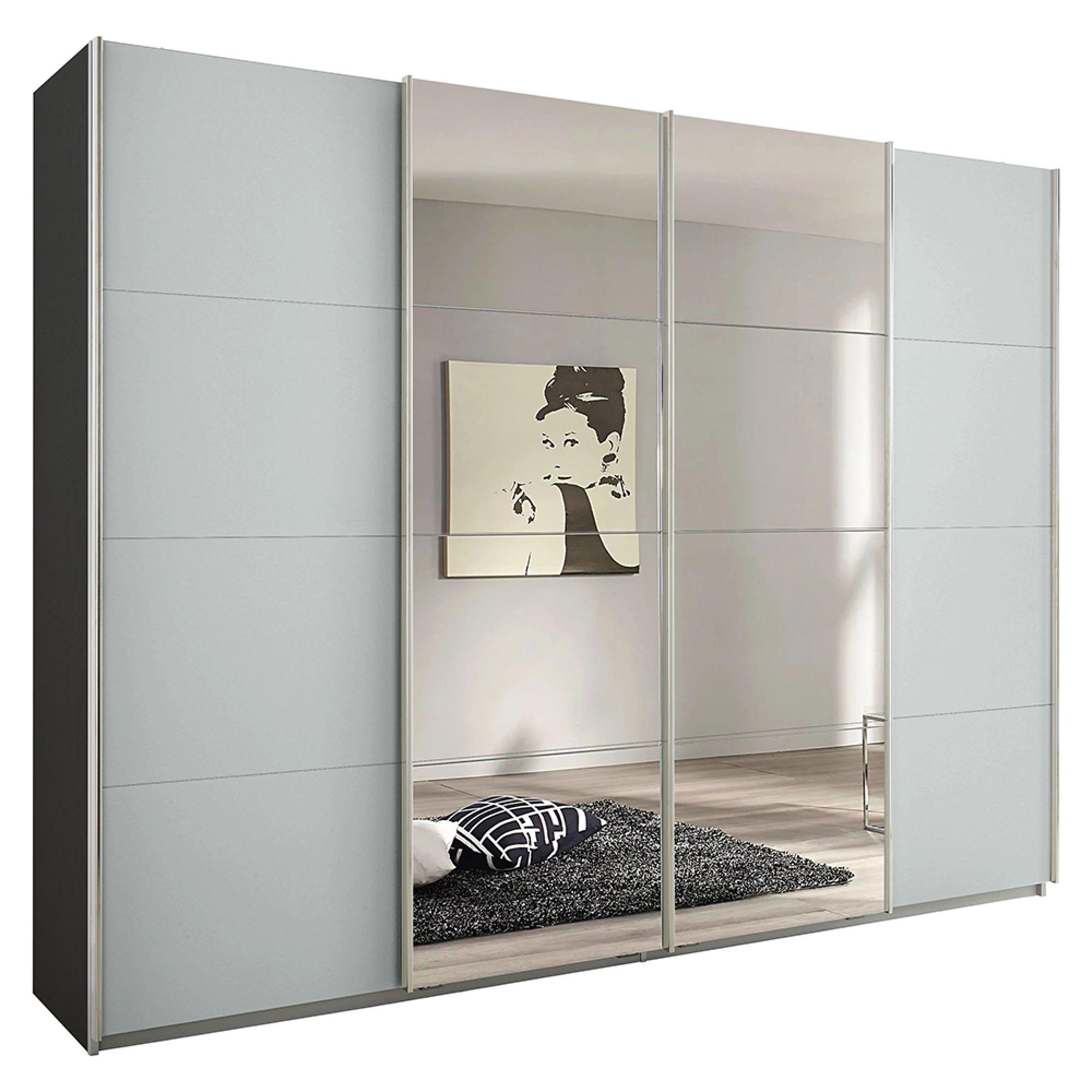 Rauch Syncrono 271cm 4 Door Sliding Wardrobe with Mirror - Metallic Dark Grey and Silk Grey