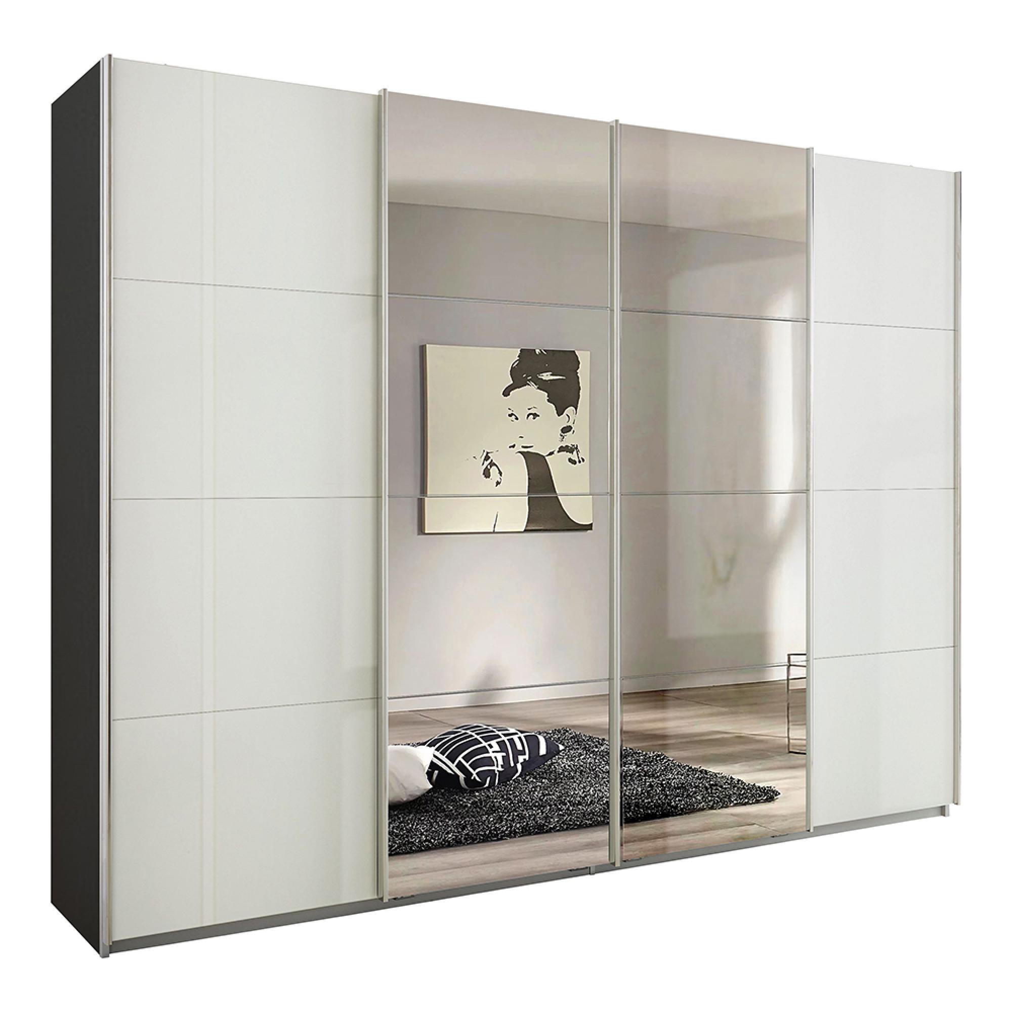 Rauch Syncrono 271cm 4 Door Sliding Wardrobe with Mirror - Metallic Dark Grey and White High Gloss
