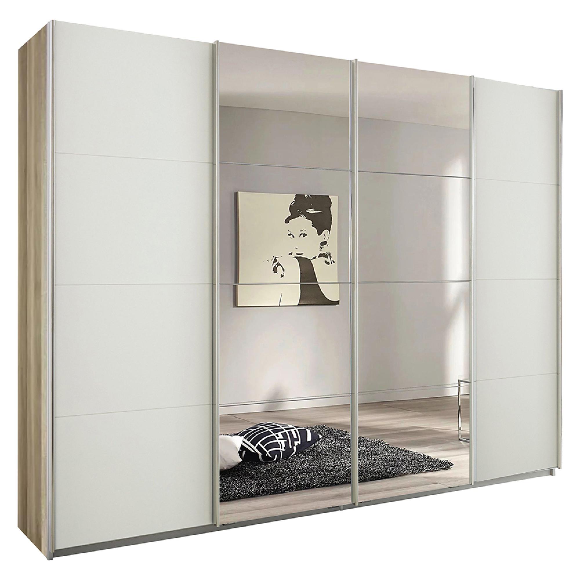 Rauch Syncrono 271cm 4 Door Sliding Wardrobe with Mirror - Sanremo Oak Light and Alpine White