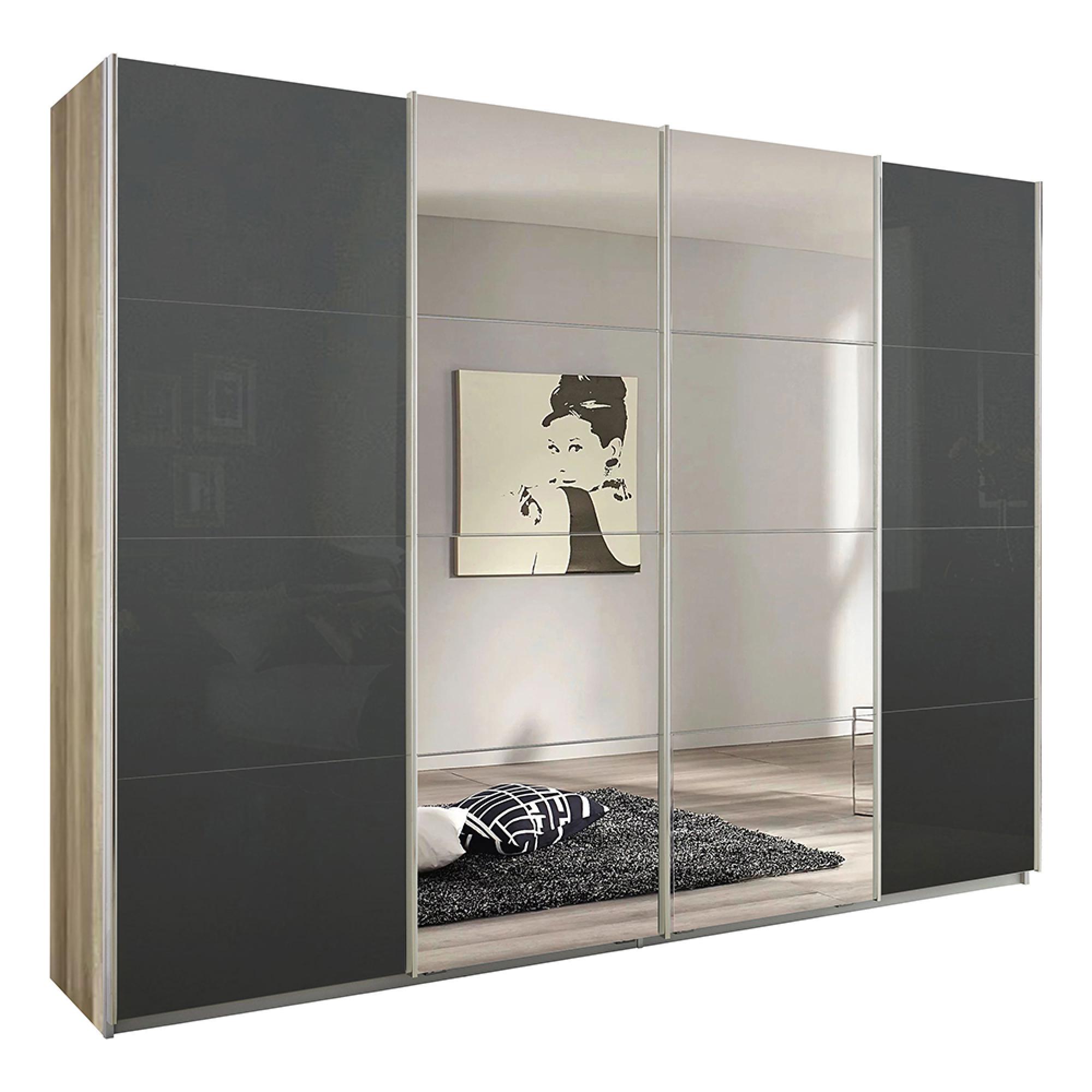 Rauch Syncrono 271cm 4 Door Sliding Wardrobe with Mirror - Sanremo Oak Light and Basalt Glass