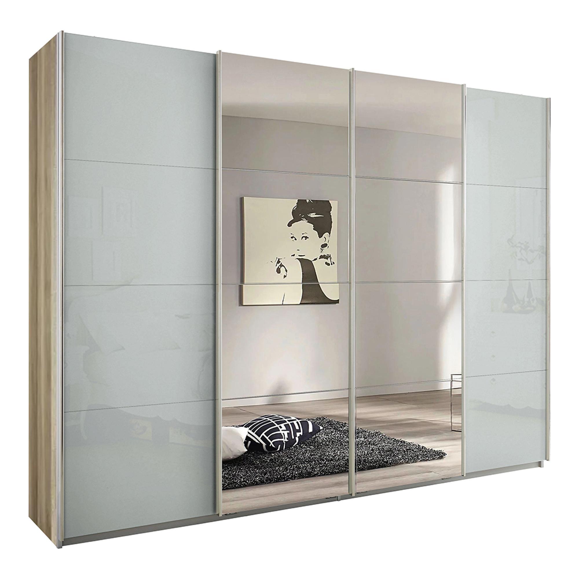 Rauch Syncrono 271cm 4 Door Sliding Wardrobe with Mirror - Sanremo Oak Light and Silk Grey Glass