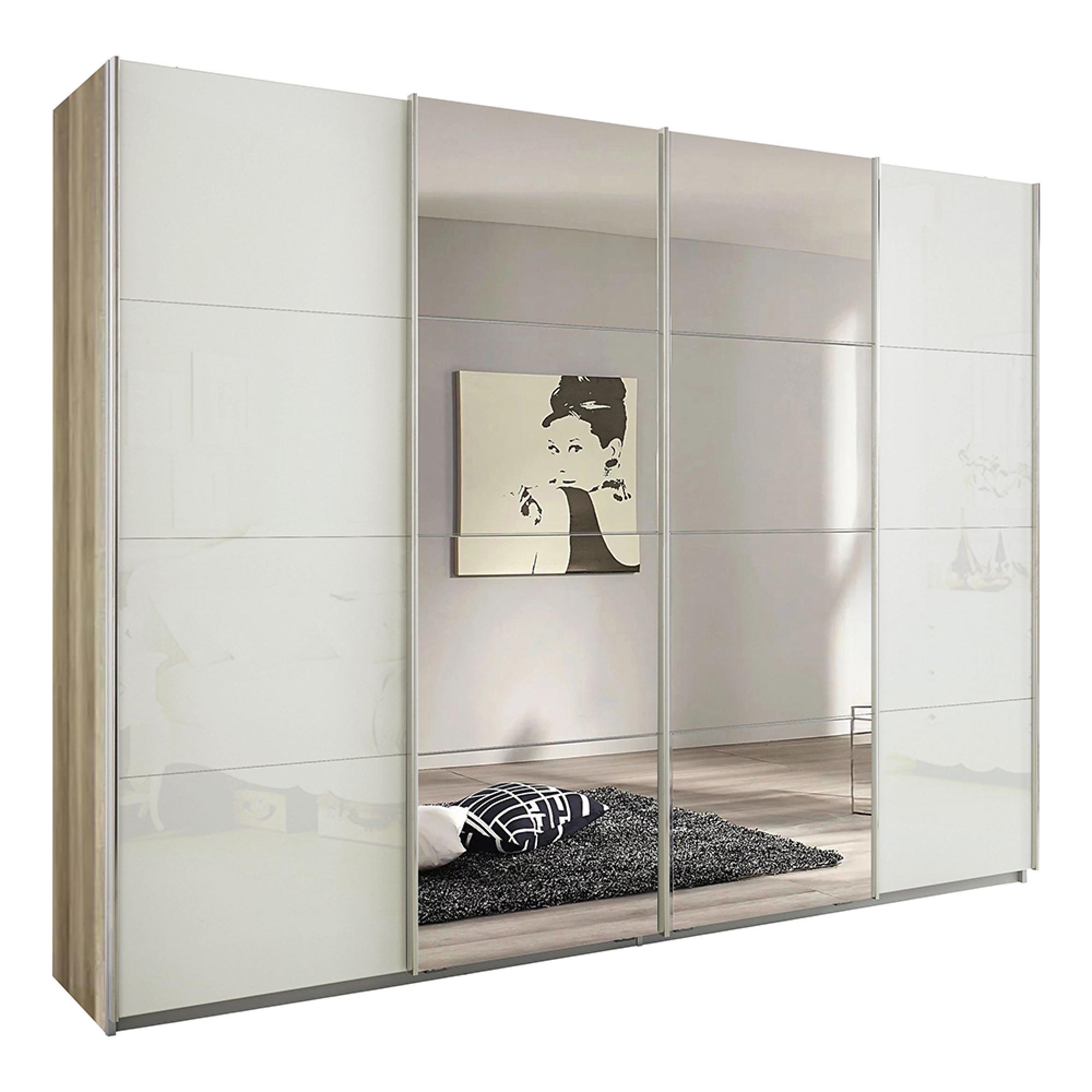 Rauch Syncrono 271cm 4 Door Sliding Wardrobe with Mirror - Sanremo Oak Light and White Glass