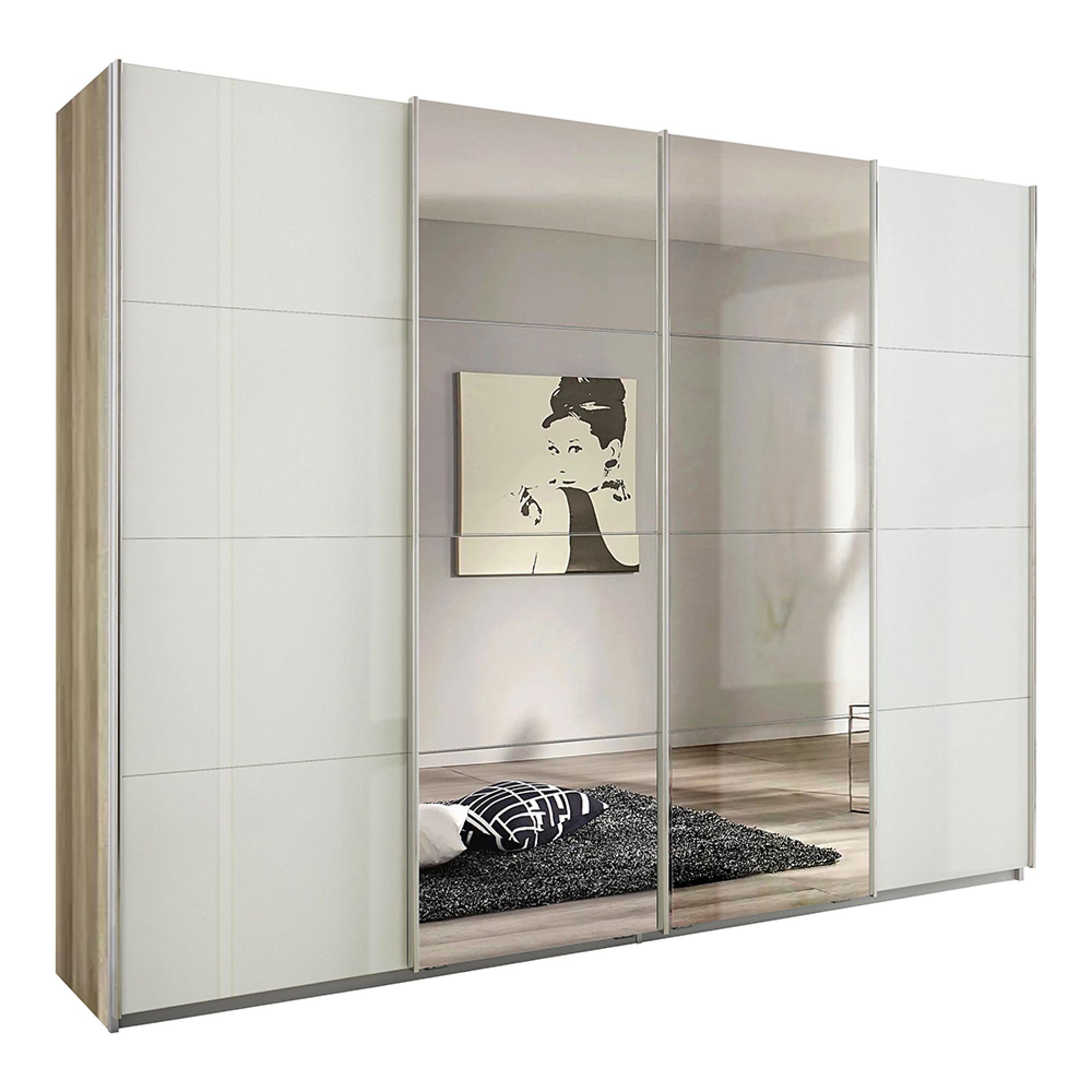 Rauch Syncrono 271cm 4 Door Sliding Wardrobe with Mirror - Sanremo Oak Light and White High Gloss