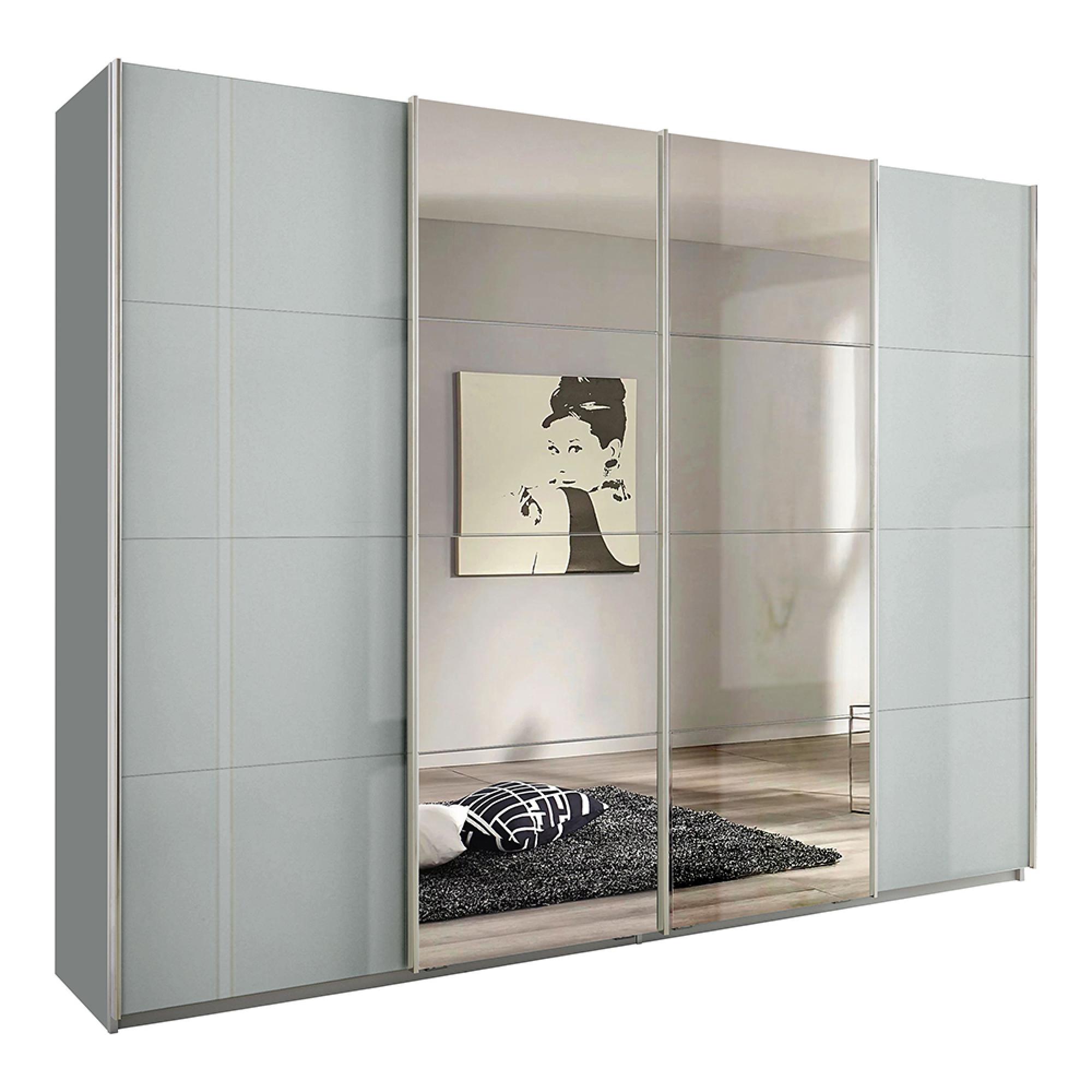 Rauch Syncrono 271cm 4 Door Sliding Wardrobe with Mirror - Silk Grey and Grey High Gloss
