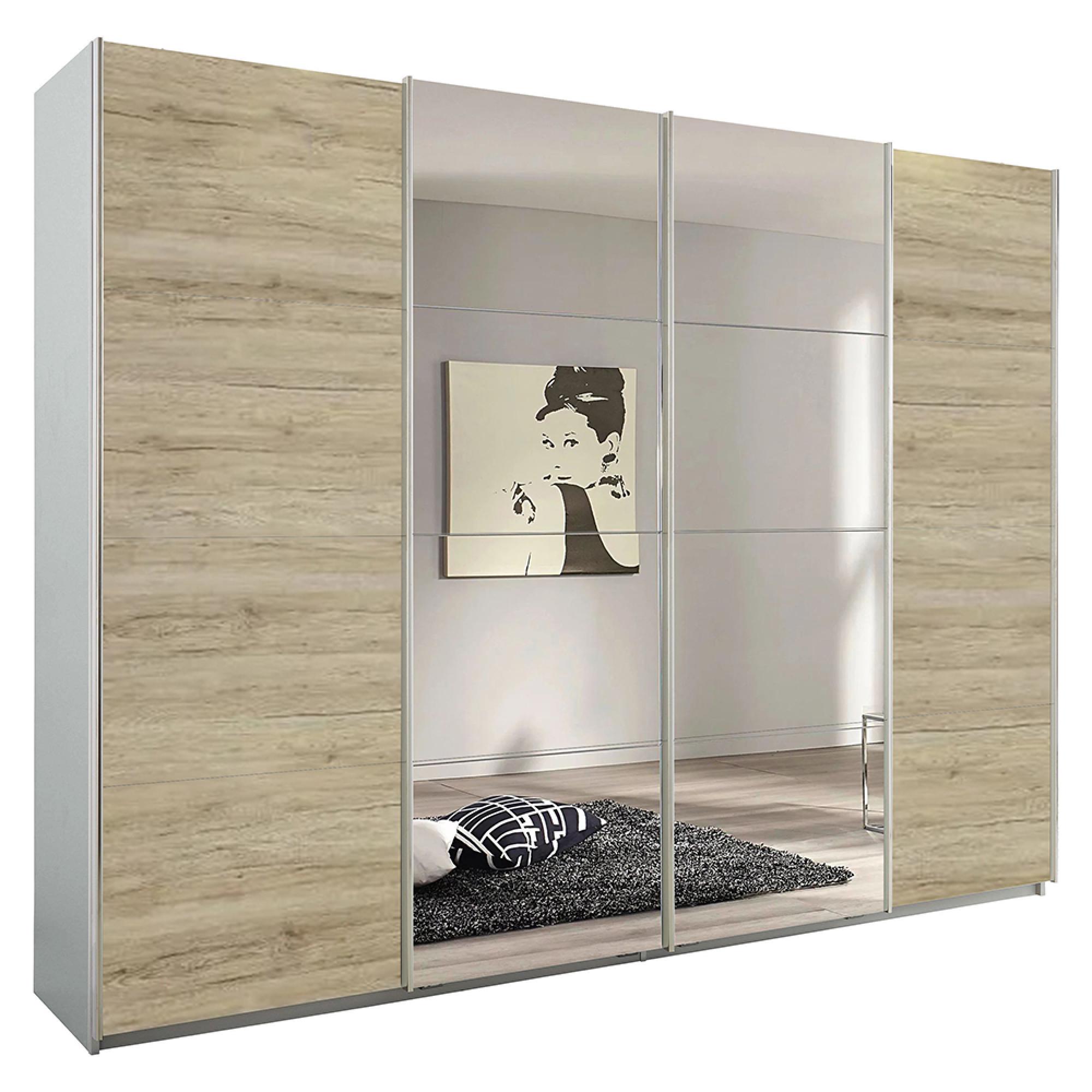 Rauch Syncrono 271cm 4 Door Sliding Wardrobe with Mirror - Silk Grey and Sanremo Oak Light
