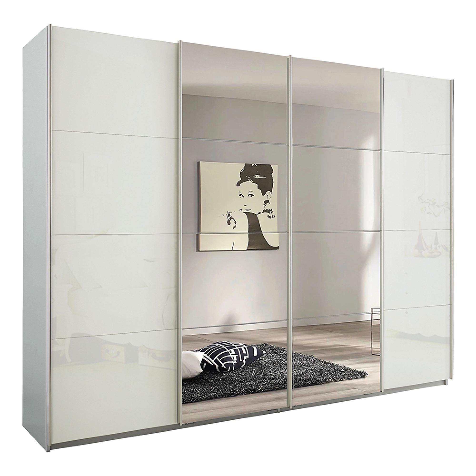Rauch Syncrono 271cm 4 Door Sliding Wardrobe with Mirror - Silk Grey and White Glass