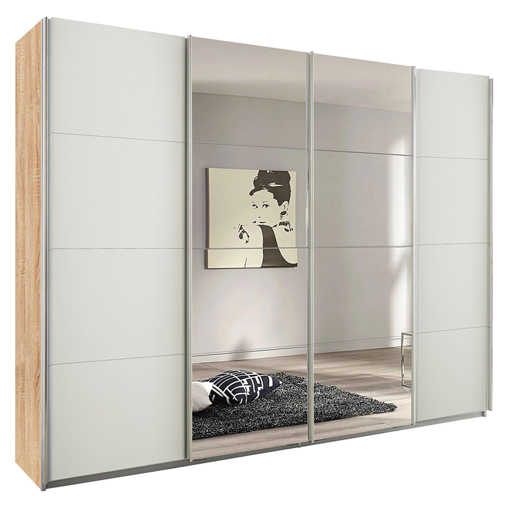 Rauch Syncrono 271cm 4 Door Sliding Wardrobe with Mirror - Sonoma Oak and Alpine White