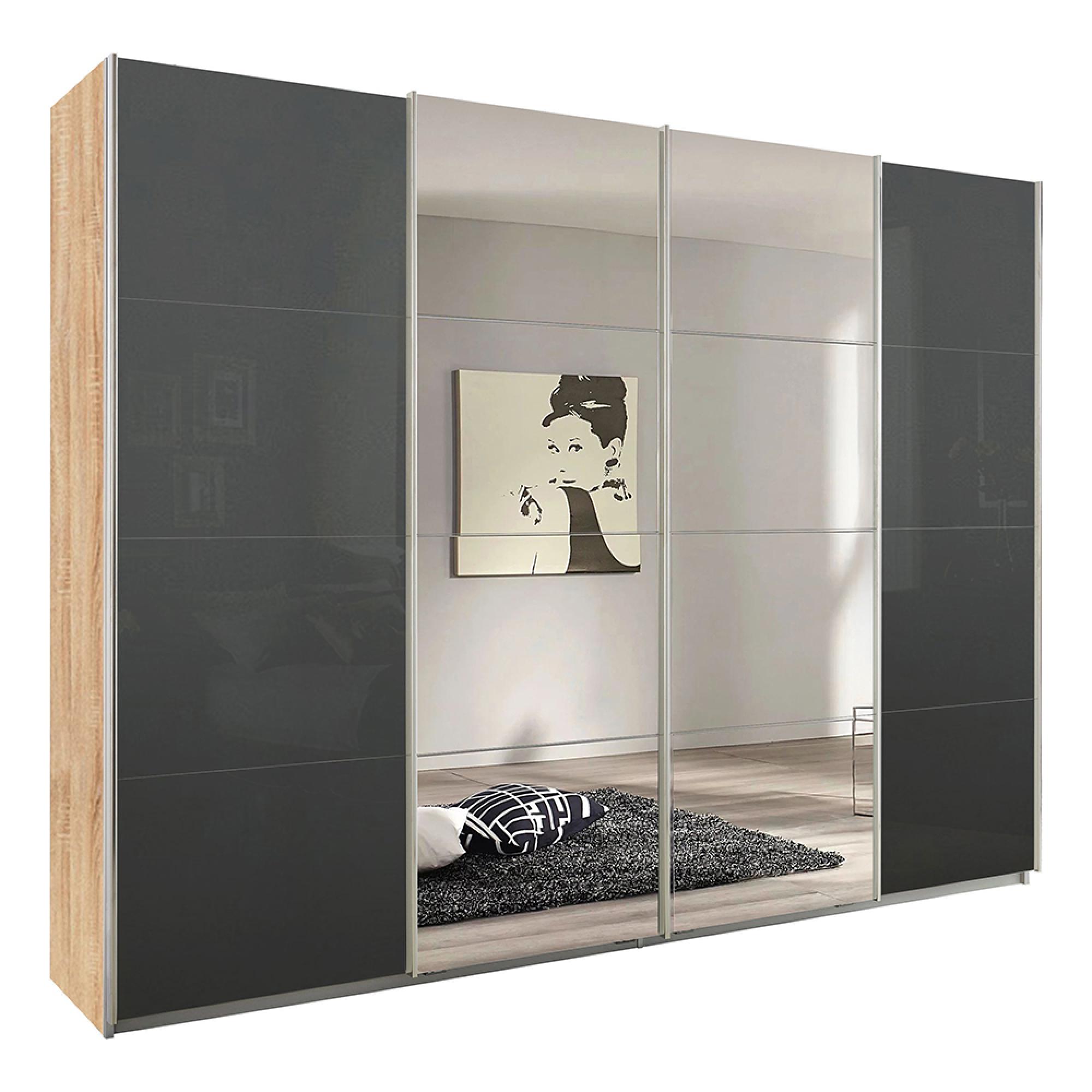 Rauch Syncrono 271cm 4 Door Sliding Wardrobe with Mirror - Sonoma Oak and Basalt Glass
